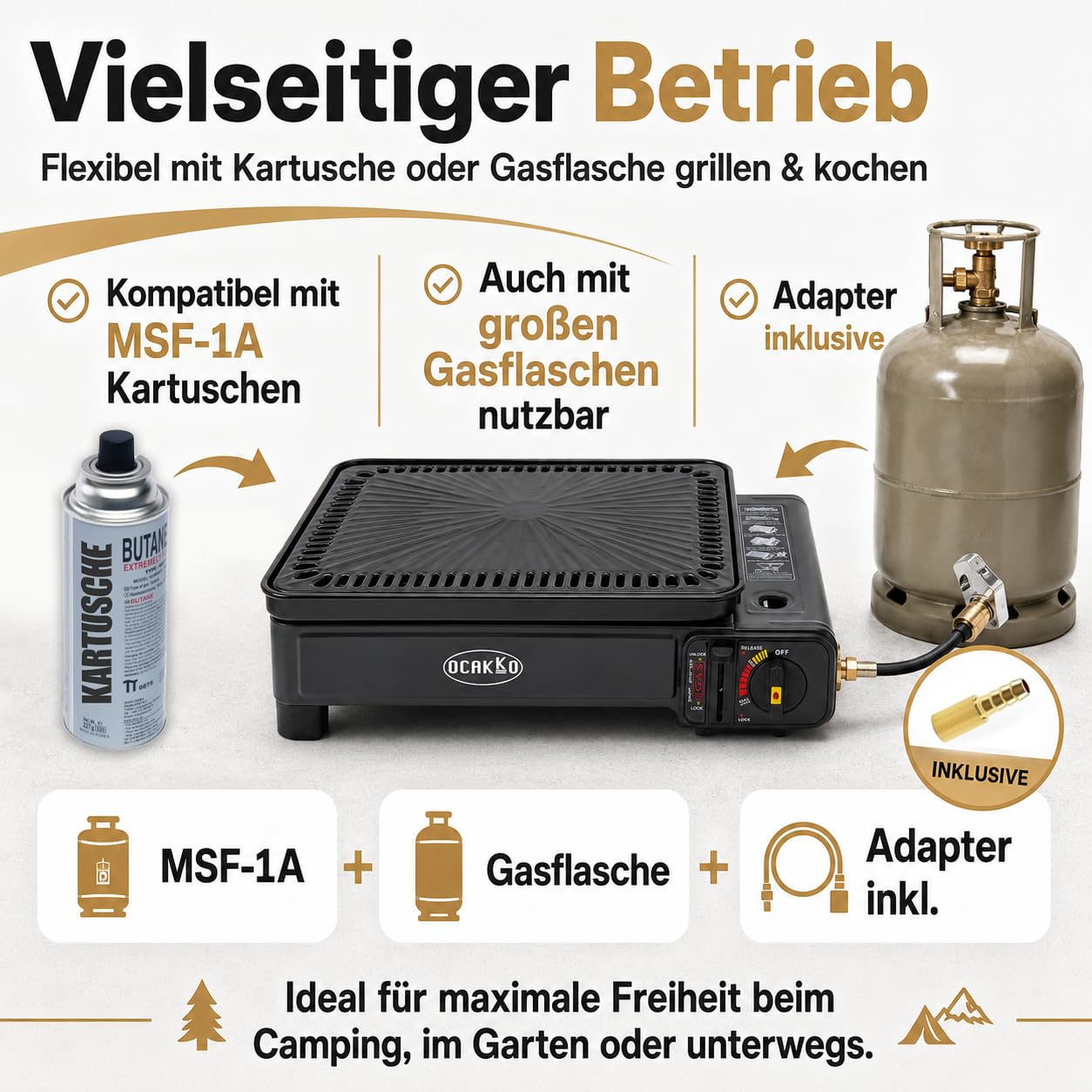 Gasgrill Camping mit 8 Kartuschen Grillplatte Grillrost + Schaschlikpieße