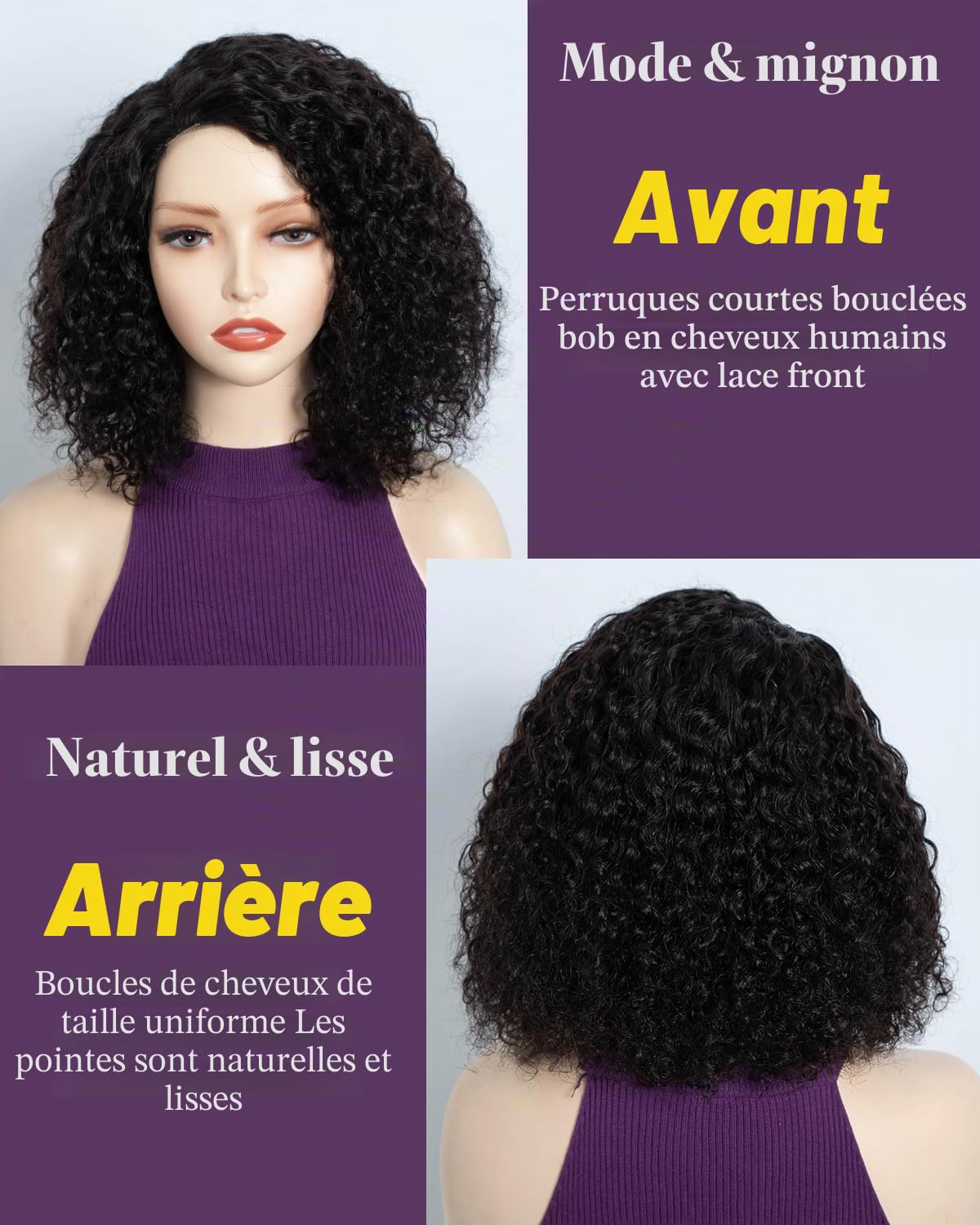 FASHION IDOL Bob court bouclé Perruque de cheveux humains Précoiffée Glueless Wear and Go Lace Perruque 200% Densité Améliorée Secret invisible Glueless Perruques de cheveux humains