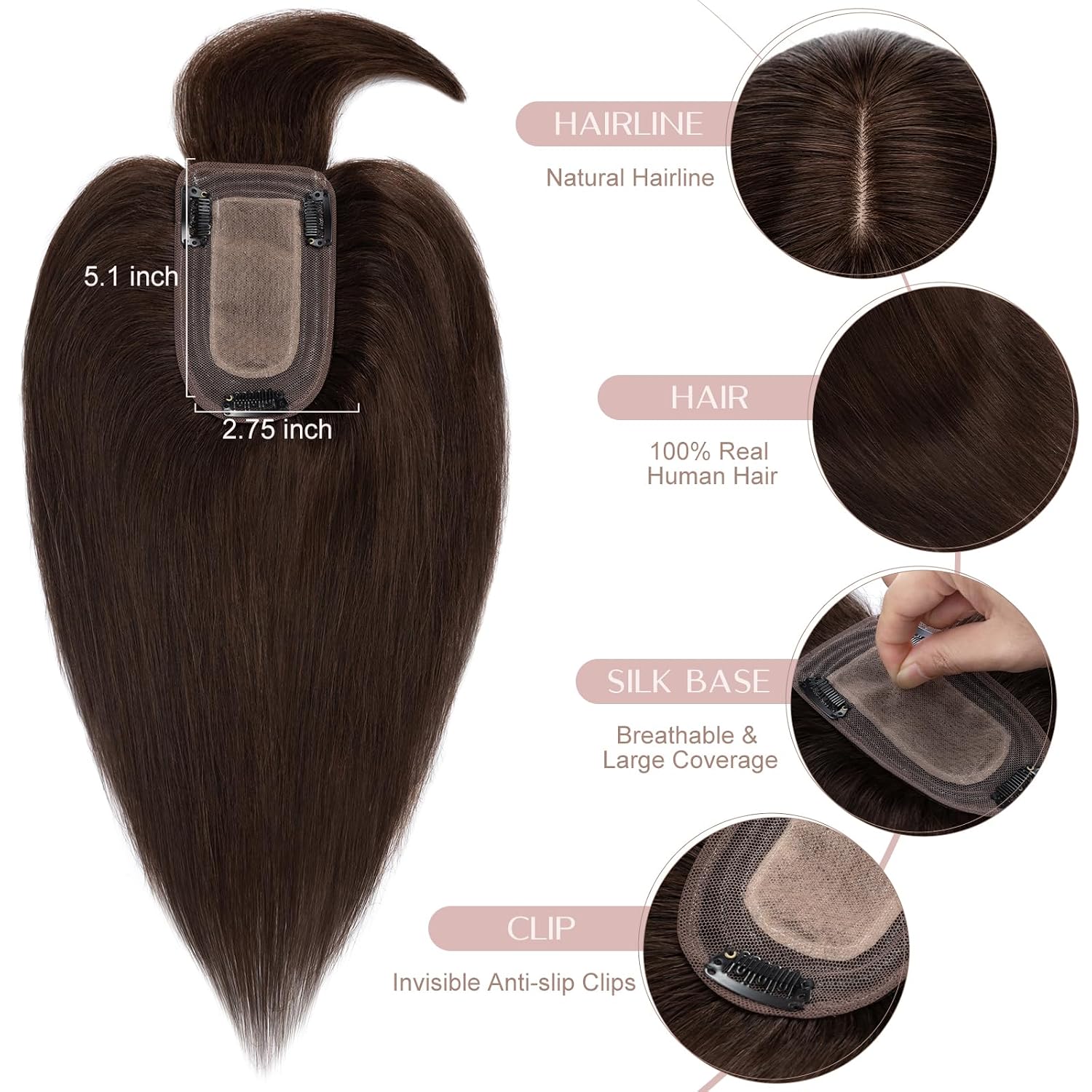 Human Hair Topper with Bangs Hair Toppers for Women Real Human Hairpiece Silk Base Clip In 2.75 * 5.1 Inch Topper Increase Volume 6 Inch #02 Dark Brown