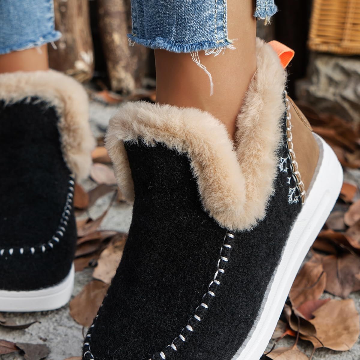 SACFOF Womens Winter Flat Fluffy Snow Boots,Warm Faux Fur Lining Anti-Slip Slip on Loafer Casual Outdoor Plush Short Booties - Image 6
