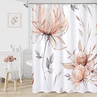Orange and Grey Boho Watercolor Floral Shower Curtain, Ink Painting Styl...