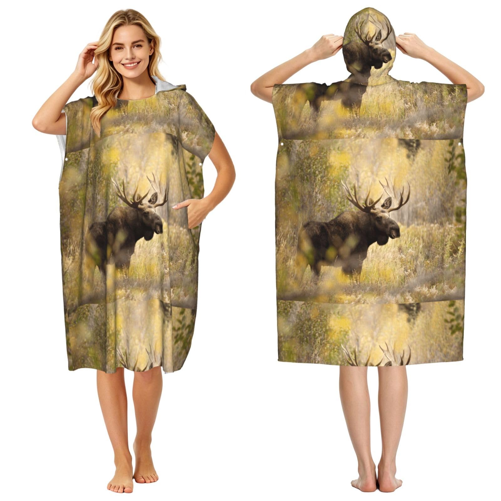 Poadnly Wild Animal Moose Stan In Forest, Adult Hooded Beach Towel 90 x 110 cm,Changing Bath Robe, Surf Poncho Towel For Women Men