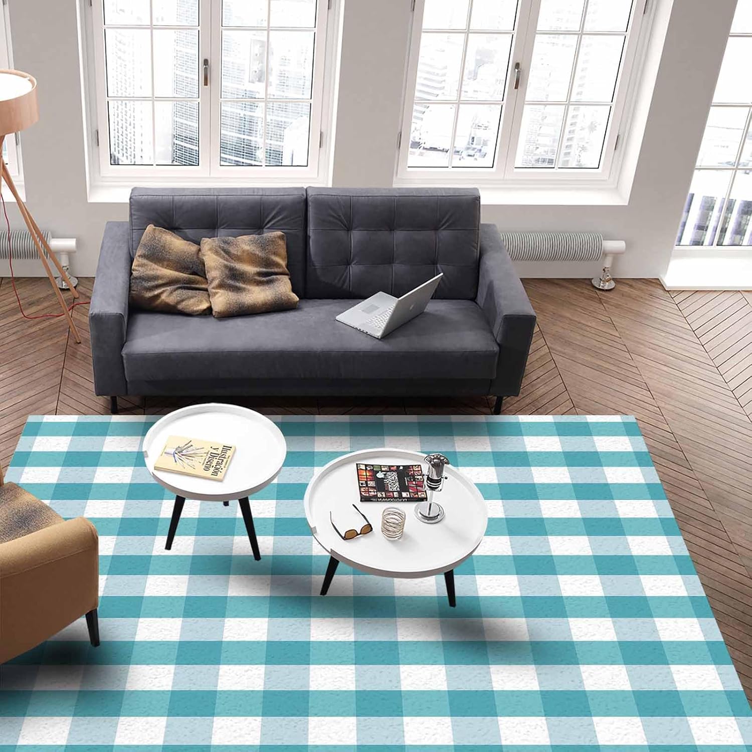 Teal Checkered Area Rugs for Living Room/Bedrooom, 4'x6' Area Rug Non-Slip, Farmhouse Aqua White Buffalo Plaid Kids Room Area Rug Washable Accent Floor Carpet Runner Indoor Outdoor