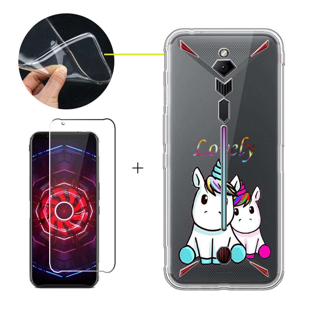 LJSM Case for ZTE Nubia Red Magic 3 + Tempered Film Glass Screen Protector - Transparent Silicone Soft TPU Cover Shell for ZTE Nubia Red Magic 3 (6.65"), WM138