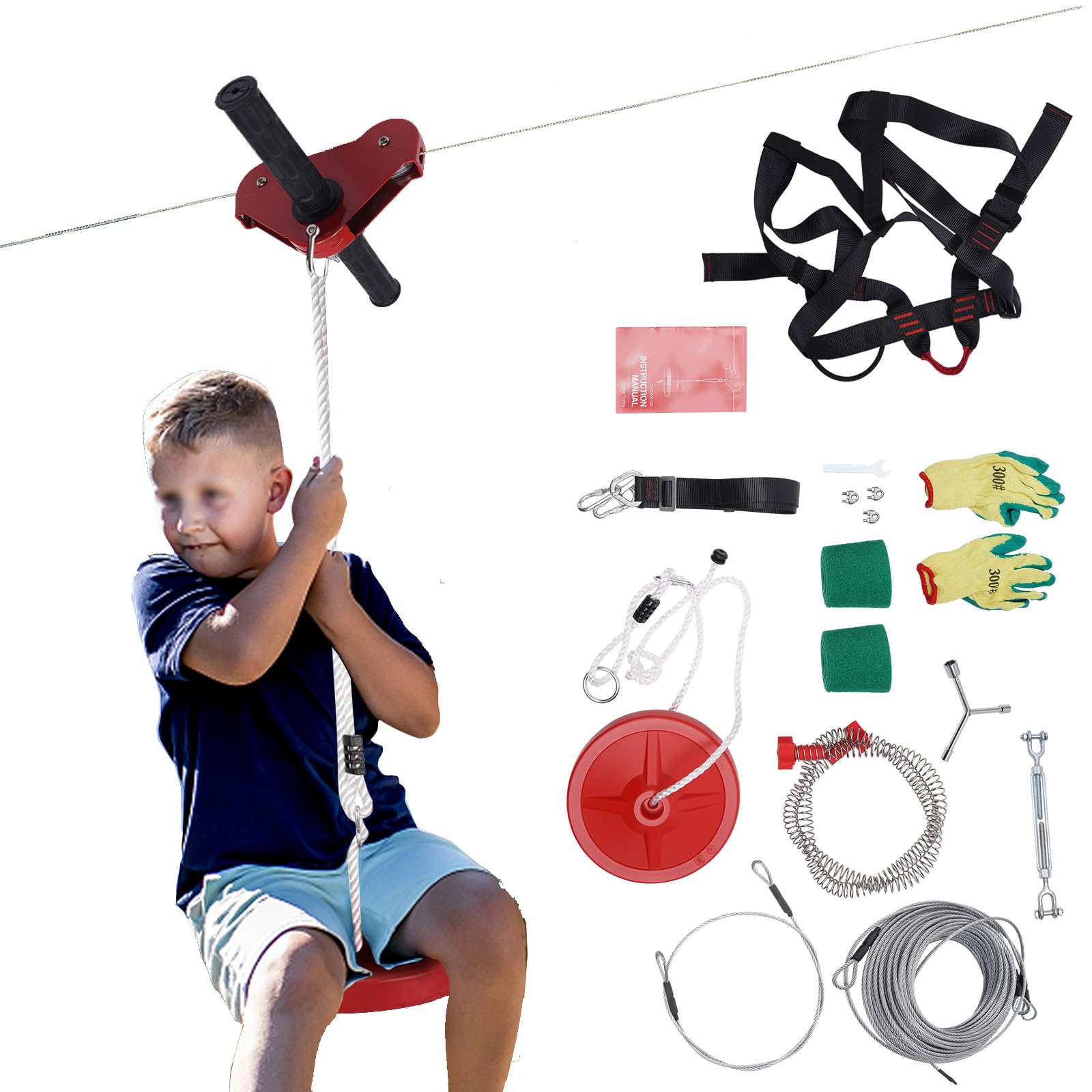 Hanmorfarbi 48.8m Zip line Kit Outdoor Playground Set,Kids Playground for Backyard with Stainless Steel Spring Brake|Seat|1Pair Gloves|Trolley|2 Tree Protection Mats,150kg Cable Loading Capacity