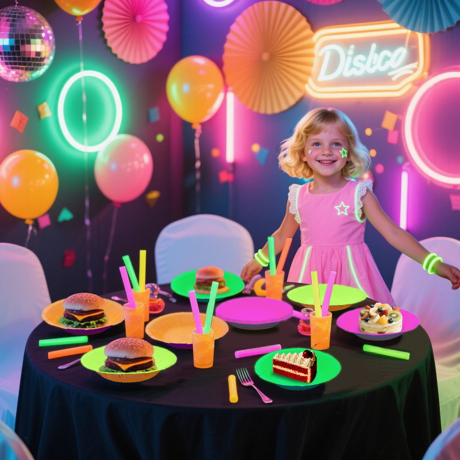 40PCS Glow Party Decorations 4 Colors Neon Paper Bowls Plates Fluorescent Food Bowls Neon Birthday Plates Fluorescent Tableware for Black Light Glow in the Dark Party Supplies, 7 Inch Serves 40
