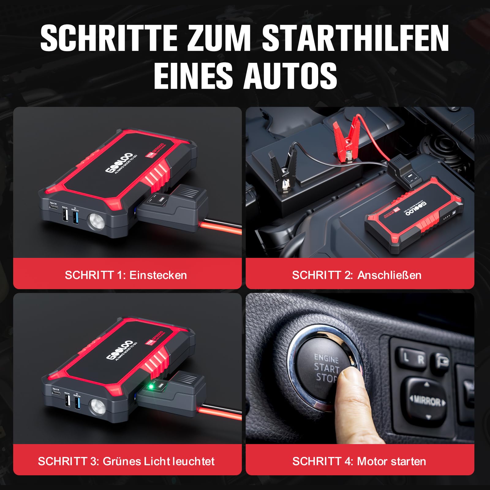 GOOLOO GP2000 Starthilfe Powerbank für Pkw, 2000A Supersafe Auto Starthilfe Powerbank für 12V (Bis zu 8.0L Benzin & 6.0L Diesel), Booster Autobatterie mit USB-Schnellladung, Starthilfekabel und LED