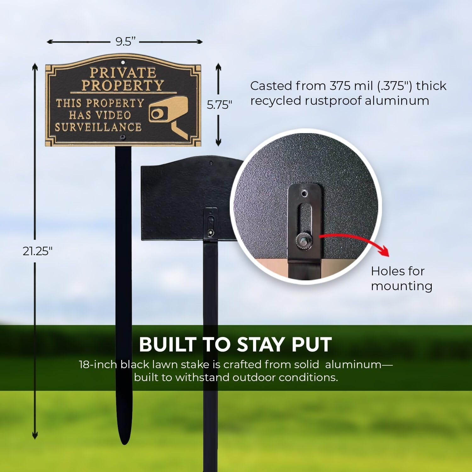 SmartSign “Private Property - This Property Has Video Surveillance” GardenBoss Statement Plaque | 5.75" x 9.5" Aluminum Plaque with 18" Black Lawn Stake, Made in USA
