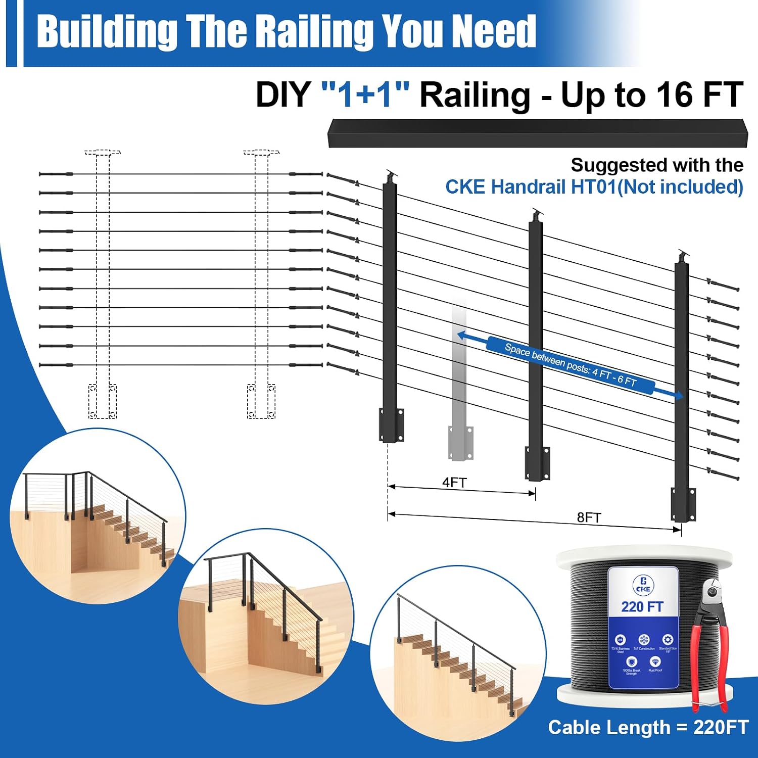 CKE 10-15ft 36" Modular Black Side Mount Cable Railing Post Kit for 25-35 Degree Stair, 3 Left Side Stair Posts Complete Set, Swageless Cable Railing System Kit, 220ft Cable Wire(No Handrail) SPS03-L