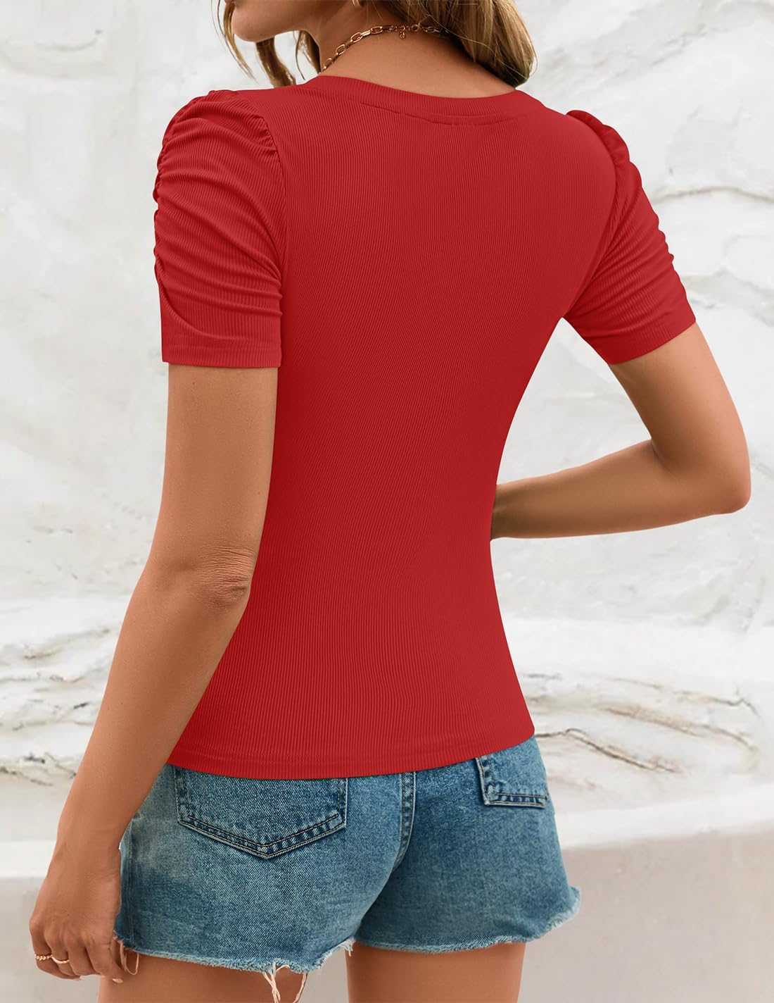 ZESICA Women's Square Neck Puff Sleeve Tops 2026 Summer Ribbed Fitted Casual Work Business Basic T Shirts - Image 3