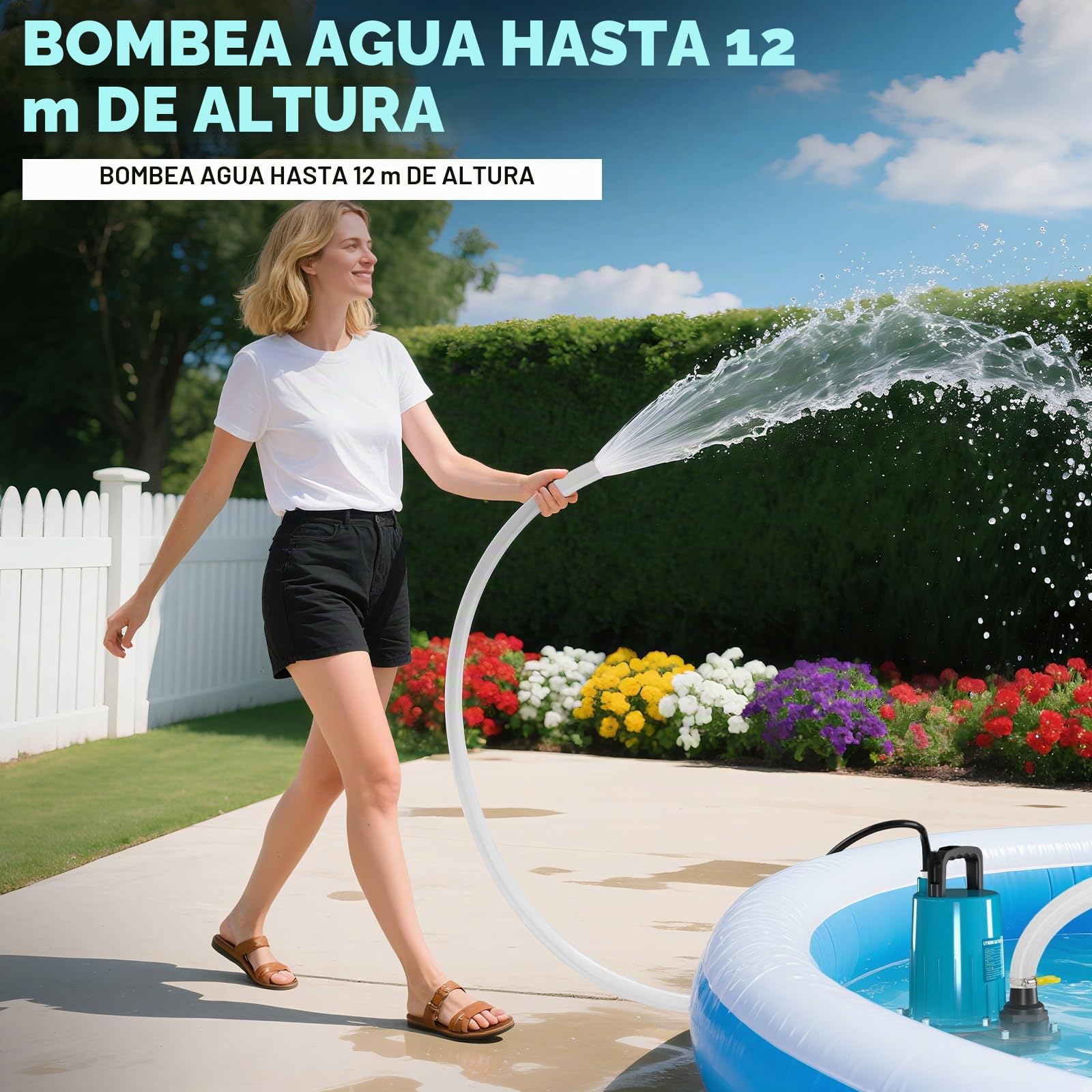 Bomba sumergible compatible con batería Makita de 18 V (sin batería), caudal de 2800 L/H, altura de extracción de 12 m, cable de conexión de 5 m, tubo de salida de 10 m, para piscina, camas de agua