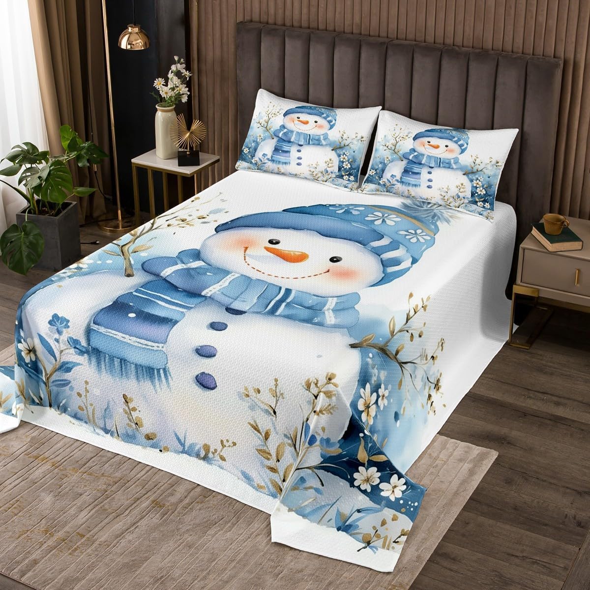 Erosebridal Cute Snowman Coverlet Set, Merry Christmas Bedspread Set King Size for Kids Boys Girls Teens Adult, Xmas Tree Quilt Set Winter New Year Themed Bedding Set, 2 Pillow Cases, Blue White