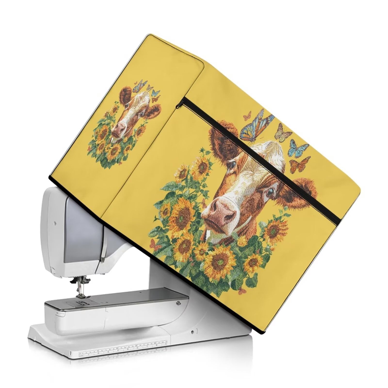 Kathyboom Cow Sunflower Sewing Machine Cover with Pockets, Stain Resistant, Foldable, for Most Standard Sewing Machines