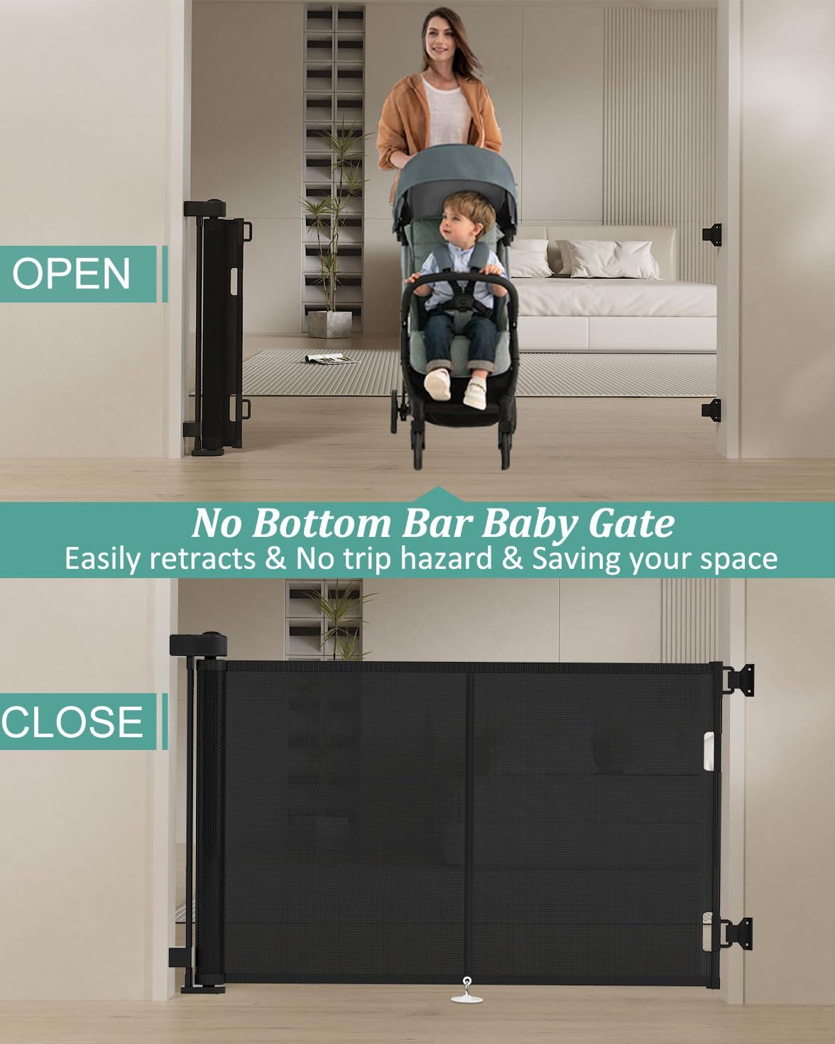 Size 50 inch Color Black Retractable Baby Gates 34 inch Tall, Retractable Gate with Reinforced Strip Design to Prevent Crawling Through, Retractable Dog Gate for Stairs, Doorways, Hallways
