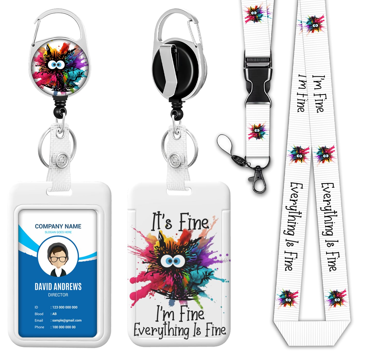 ID Badge Holder Funny Black Cat Badge Reel Retractable Heavy Duty Detachable Name Tag Clips Color Cute Cat Lanyard Reel I'm Fine Everything is Fine Lanyards for Badges Kids Nurse Teacher Office Gifts — image 1