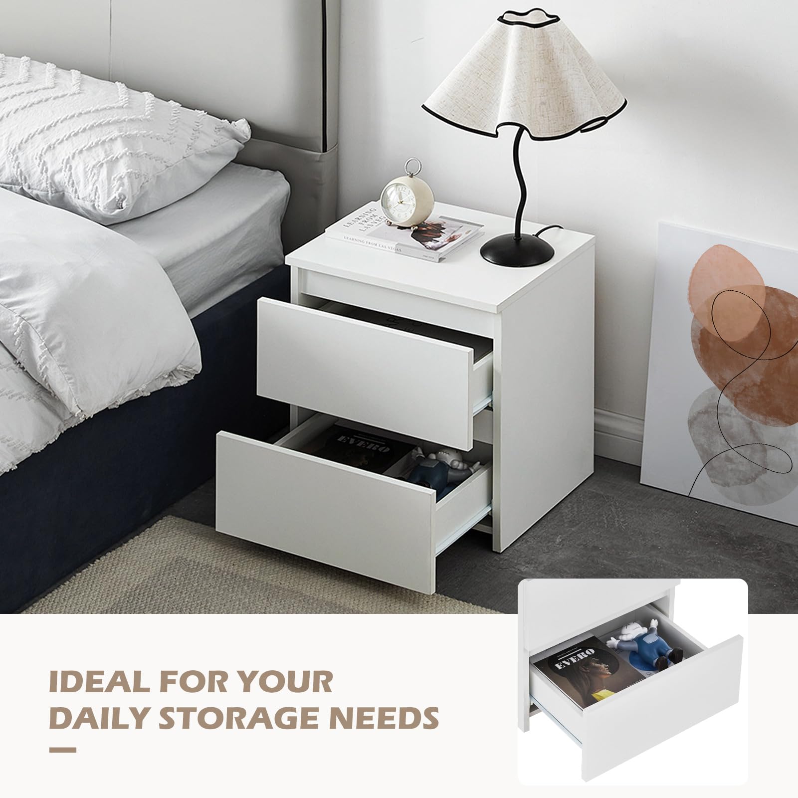 TUKAILAi Comodino Camera con LED 45 * 35 * 67cm, Comodino Moderno con 2 Cassetti e Portaoggetti con Patta Superiore, Tavolino in Legno MDF per Camera da Letto Soggiorno Studio (Bianco