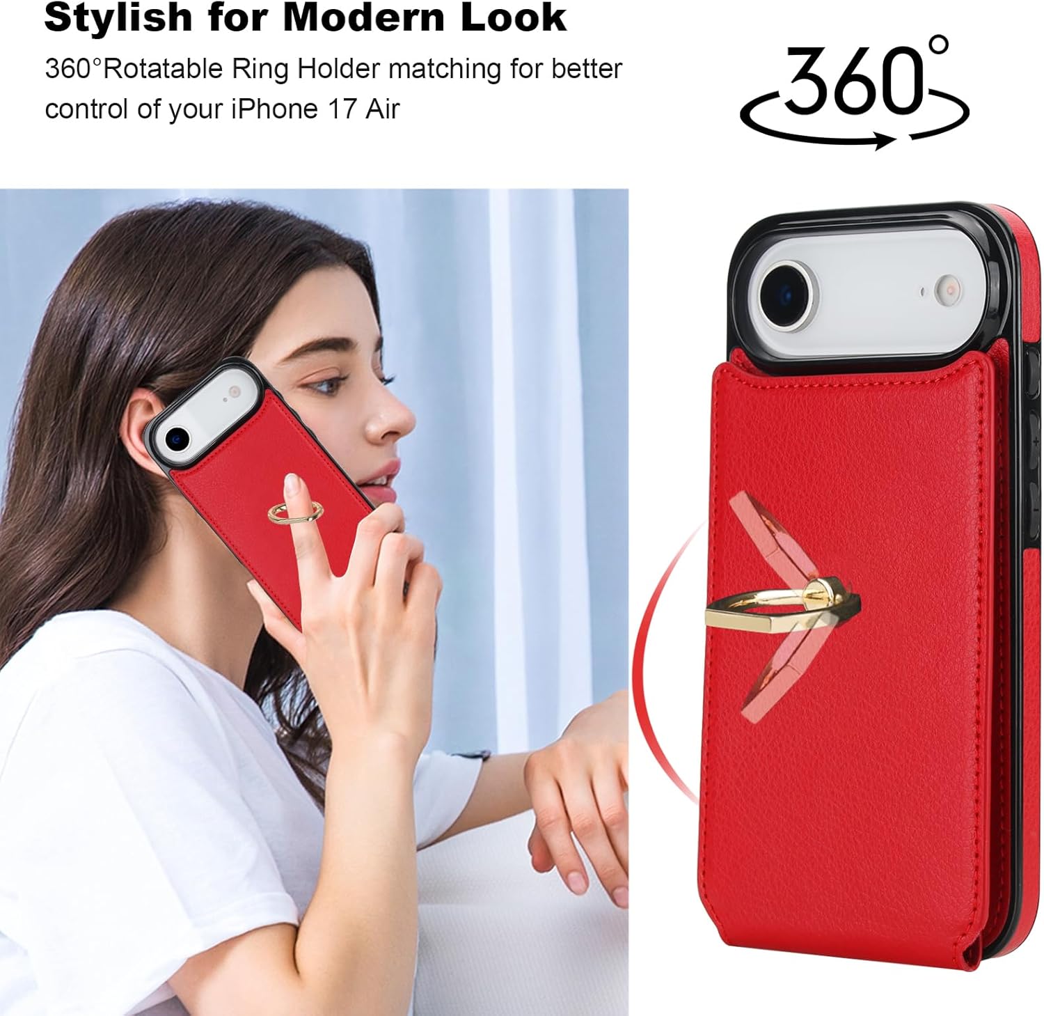 Folosu Compatible with iPhone 17 Air Case Wallet with Card Holder, 360°Rotation Finger Ring Holder Kickstand, RFID Blocking Leather Protective Double Buttons Shockproof Cover 6.5 Inch Red