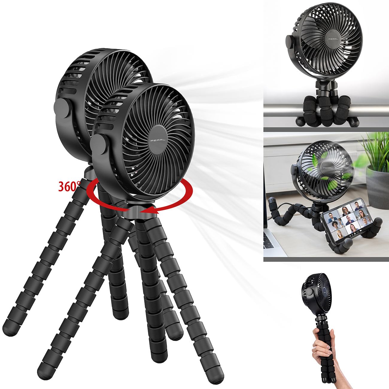 PEARL Kinderwagen Ventilator: 2er-Set 360°-Akku-Handventilatoren mit Stativ, 3 Geschwindigkeiten (Kleiner Ventilator, Stativ, Auto)
