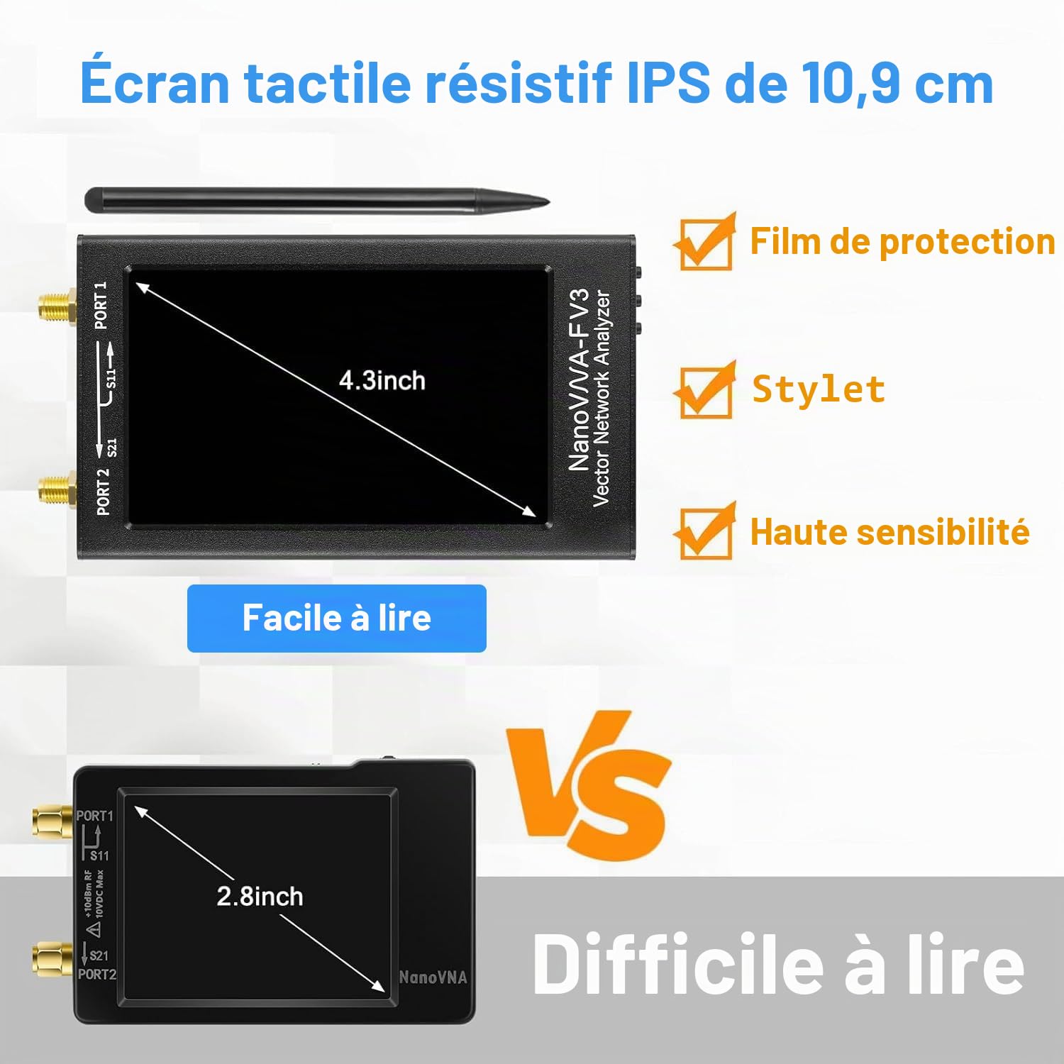 AURSINC NanoVNA-F V3 Mesureurs d'ondes Analyseur de Réseau Vectoriel Amélioré : Écran 4,3", 1MHz–6GHz, 801 points, RTC temps réel, mesure VSWR/S/phase/délai, diagramme de Smith