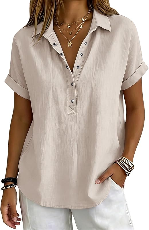 Linen Tops for Women Rolled Cuffed Short Sleeve Blouse Button V Neck Dressy Causal Spring Summer Gauze Shirts