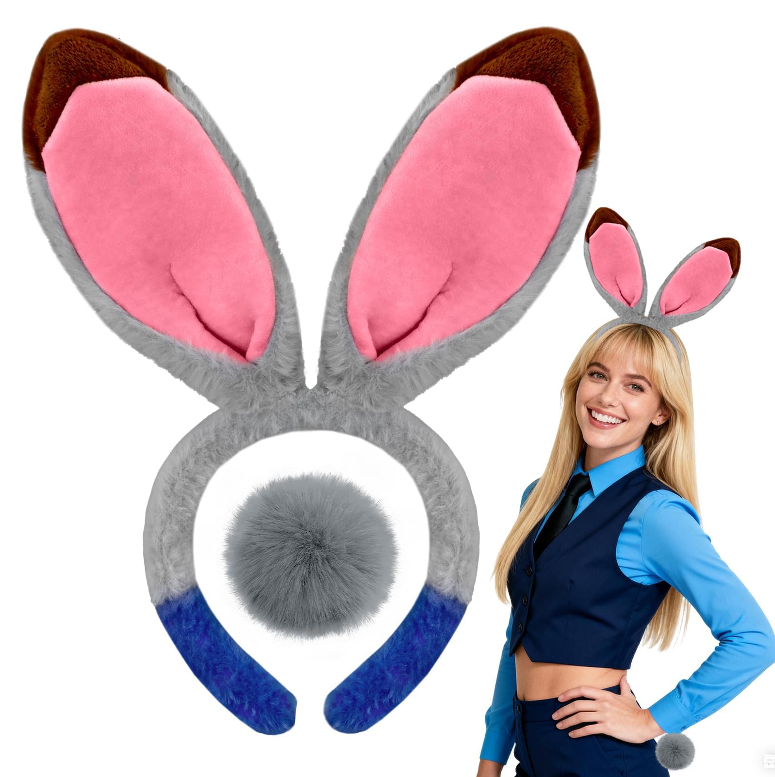 Premium Grey Bunny Ears and TailBendable Headband Plush Tail for Adults โ image 1