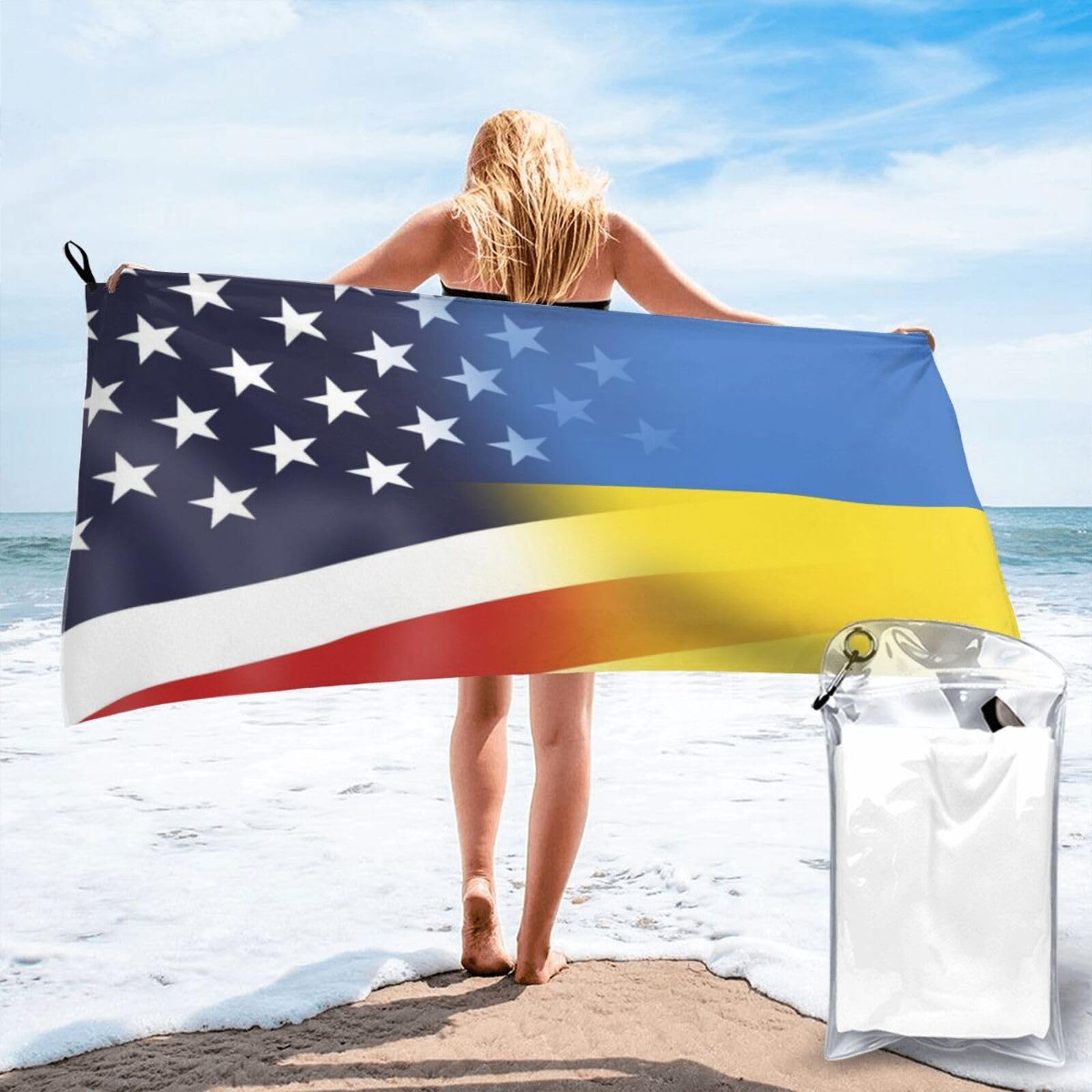 HACXZ Funny America Flag and Ukraine Flag Absorbent Beach Towel Microfiber Beach Shower Towel 27.5"X55"