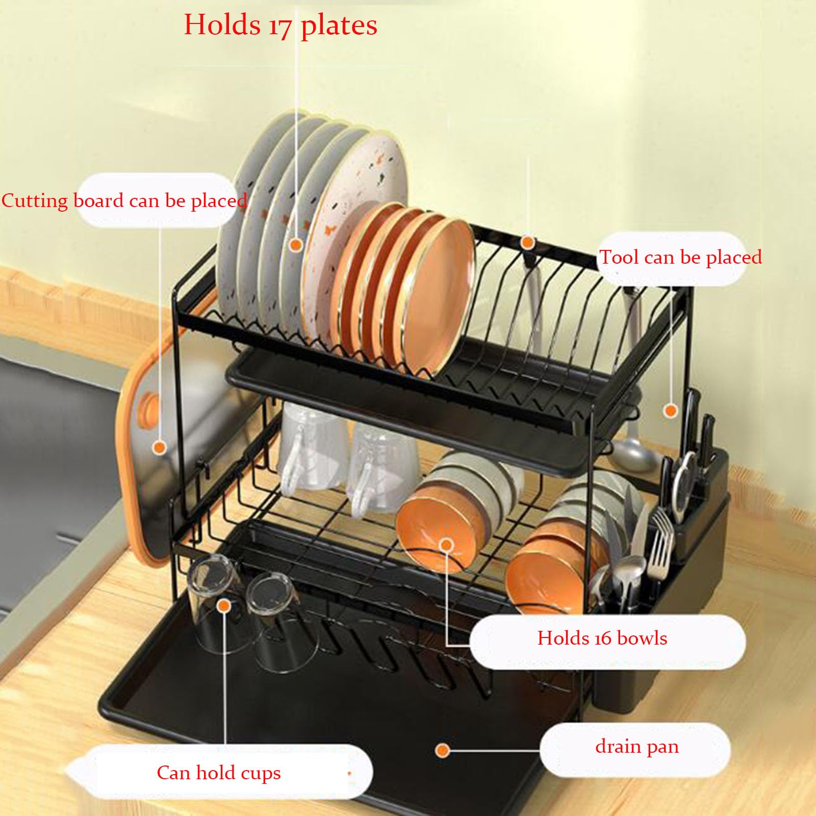 Scolapiatti Scolapiatti Scolapiatti sopra Il lavello Scolapiatti con vaschetta raccogli-Gocce Estraibile 2 Ripiani con portaposate Tagliere a Doppio Strato capacità di carico elev