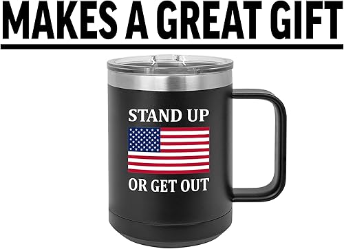 Miniatura 5 de Rogue River Tactical Taza de café negra de acero inoxidable resistente con tapa de la bandera estadounidense Stand Up Or Get Out, gran idea de regalo