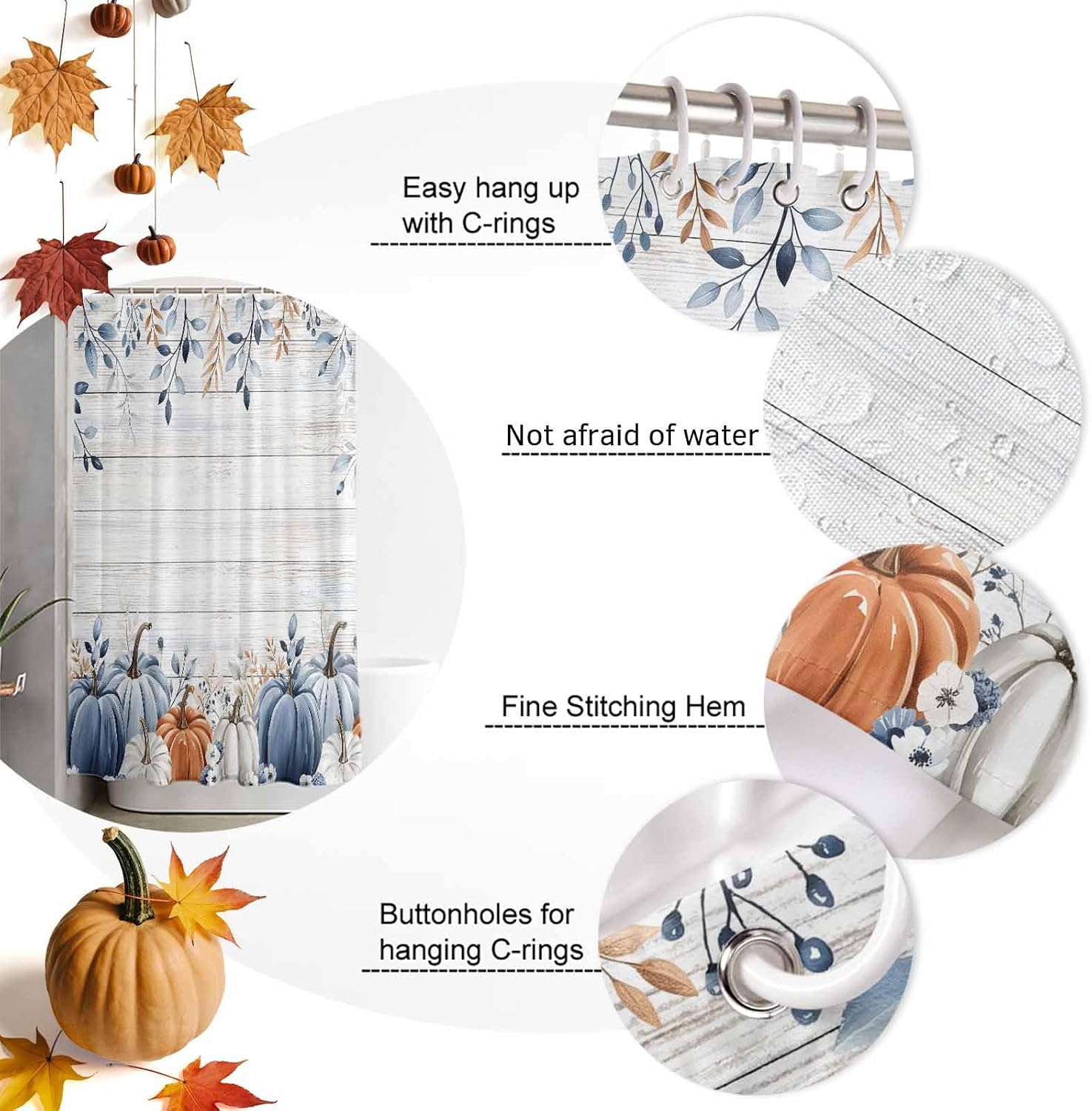 Blue Pumpkins Fall Shower Curtain Set - Waterproof Standard Shower Curtain 72 x 72 Inch, Thanksgiving Eucalyptus Leaves Wooden Polyester Fabric Bathroom Curtains with 12 Hooks, Bathroom Accessories
