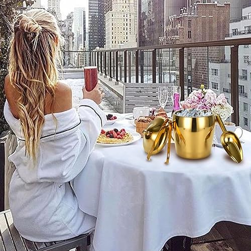 Miniatura 6 de Cubo de hielo para champán con pinzas y tapa de cucharada, cubo de hielo de doble pared para bar de vino, cubo de hielo con soporte y asa de