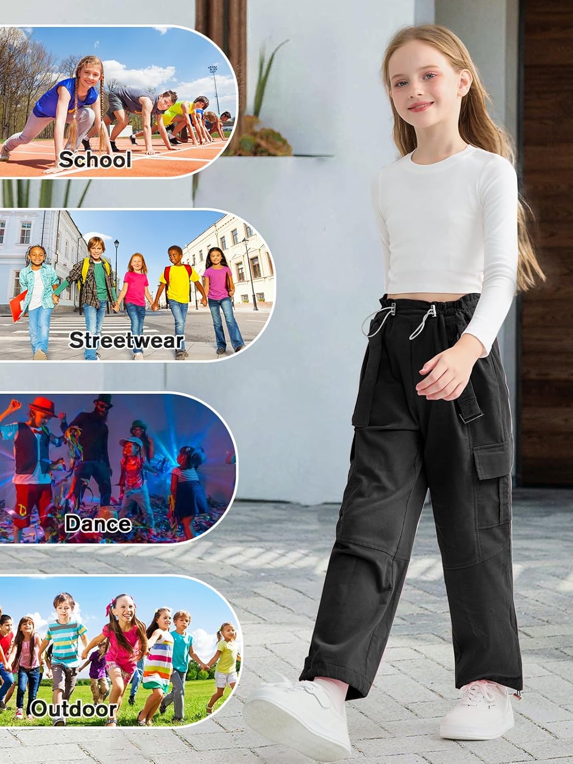 Rolanko Girls Corduroy Cargo Pants Wide Leg Cargo Trousers Streetwear Kids Pants Joggers with Pockets 9-17Y - Image 7