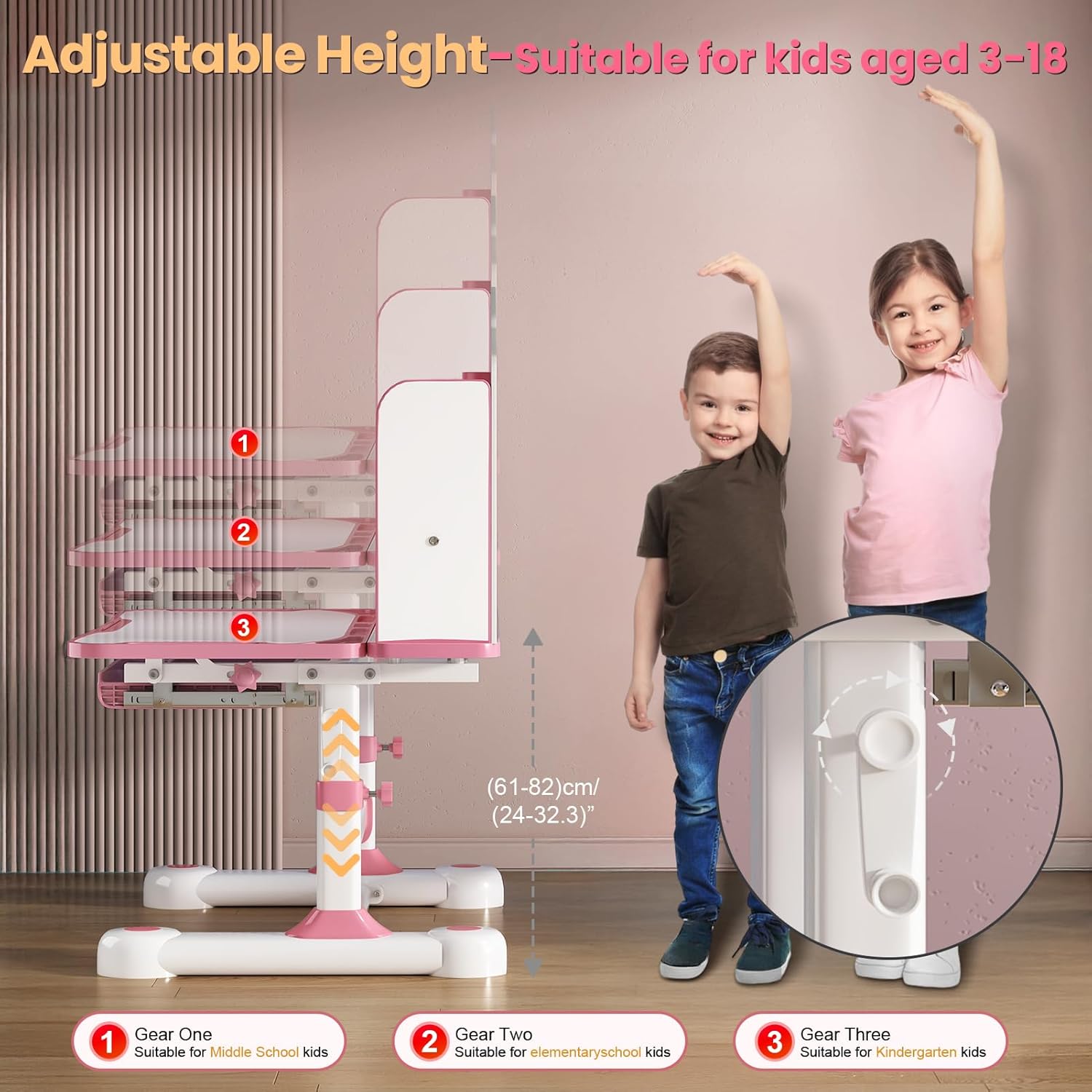 Kids Desk and Chair Set - 3-12 Height Adjustable ErgonomicArt Desk for Bedroom with 50° Tiltable Desktop, Easy-Turn Crank, Storage Drawer & Built-in Bookstand for Children Boys & Girls (Pink)