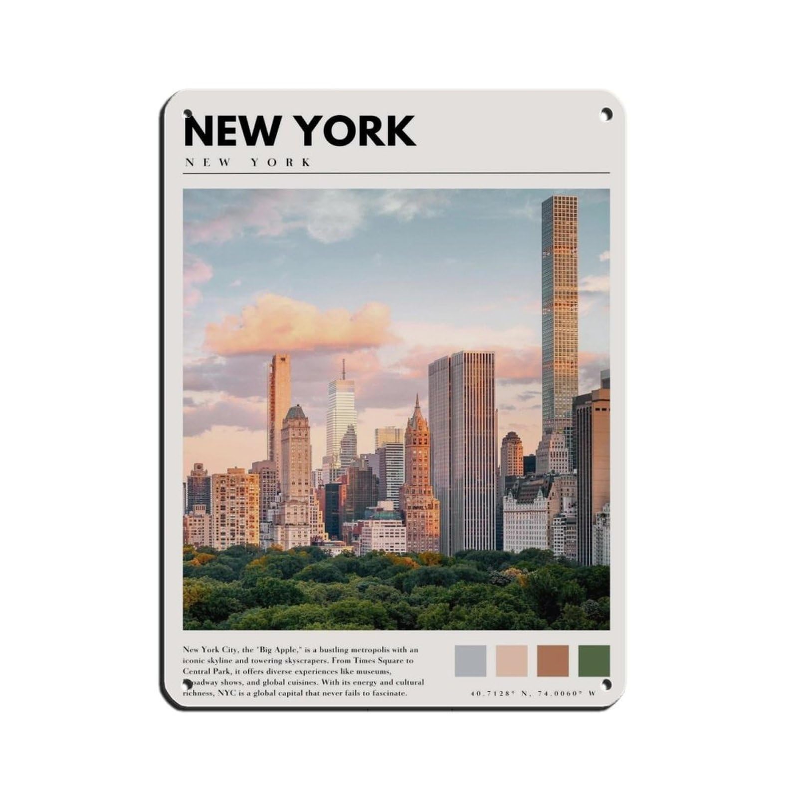 New York Manhattan Art NYC Cityscape Poster Retro Poster Metal Tin Sign Chic Art Retro Iron Painting Bar People Cave Cafe Family Garage Poster Wall Decoration 12x16inch(30x40cm)