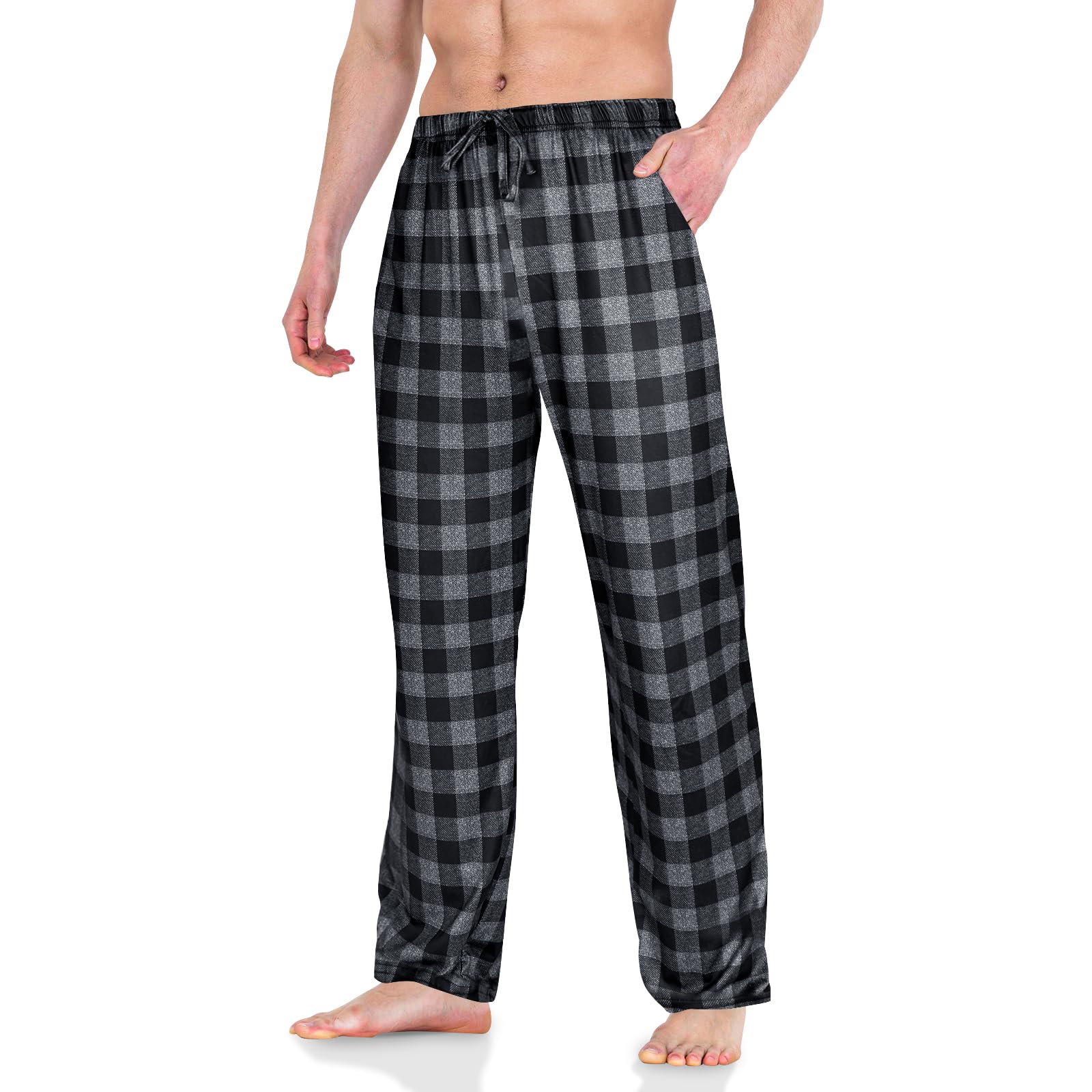 AUYAO Pyjama für Herren Schlafanzughose Pyjamahose Herren Dehnbare Pyjamshorts Nachtwäsche Pyjamaunterteil Freizeithose Loungehose Männer mit Elastischer Bund und Kordelzug (Volltonfarbe/kariert,M~XL)