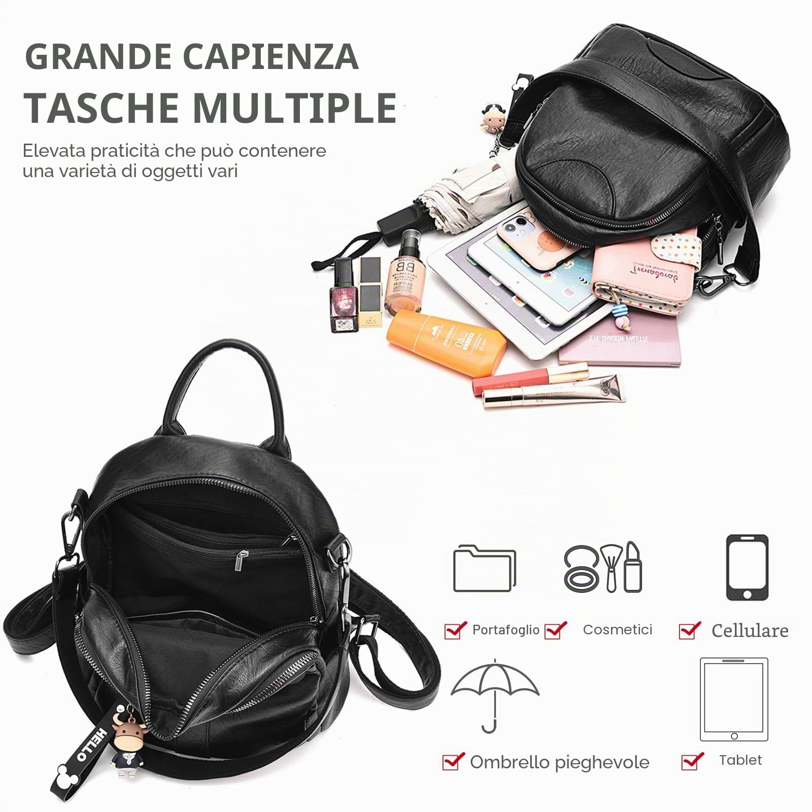 NICOLE & DORIS Zaino Piccolo Donna Borsa e Zaino Tracolla Zainetti Antifurto Zaini in PU Pelle Daypack Mini Zainetto da Viaggio per lo Shopping Nero C