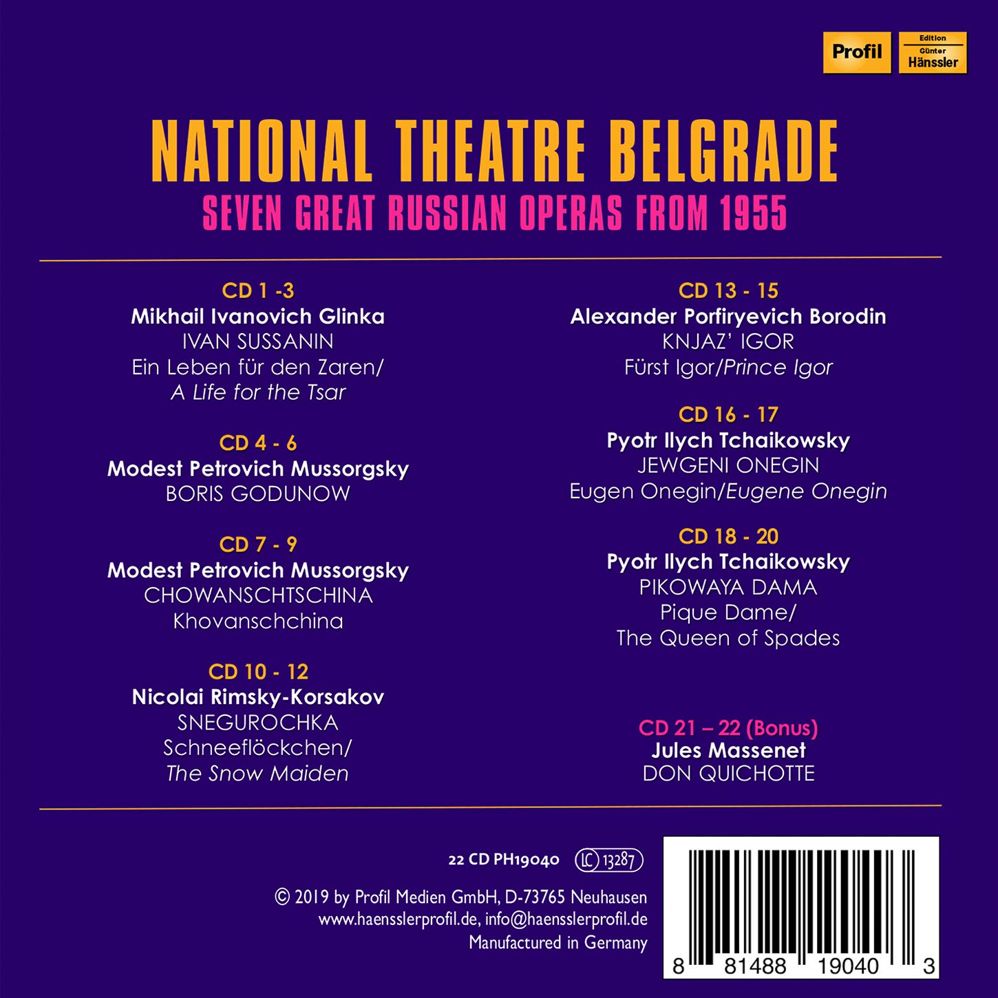 Great Russian Operas // Glinka: Ein Leben für den Zaren, Mussorgsky: Boris Godunov, Rimsky-Korsakov: Schneeflöckchen, Borodin: Fürst Igor, Tschikovsky: Eugen Onegin