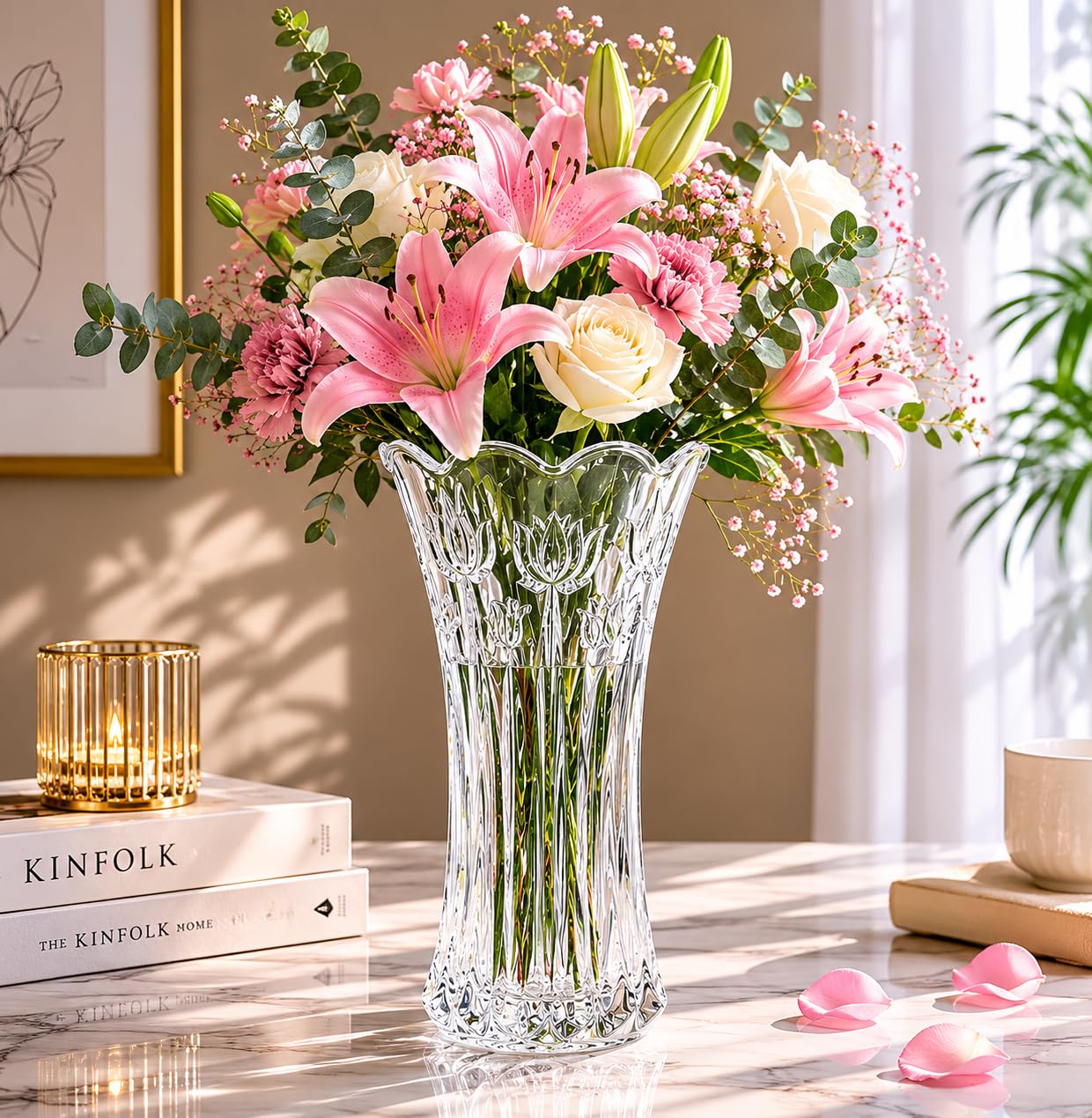 Premium Crystal Glass Flower Vase for Home Decor | Decorative Tulip Design Transparent Flower Vase | Center Table, Living Room, Office & Wedding Decoration | 9.5 Inch-image-39
