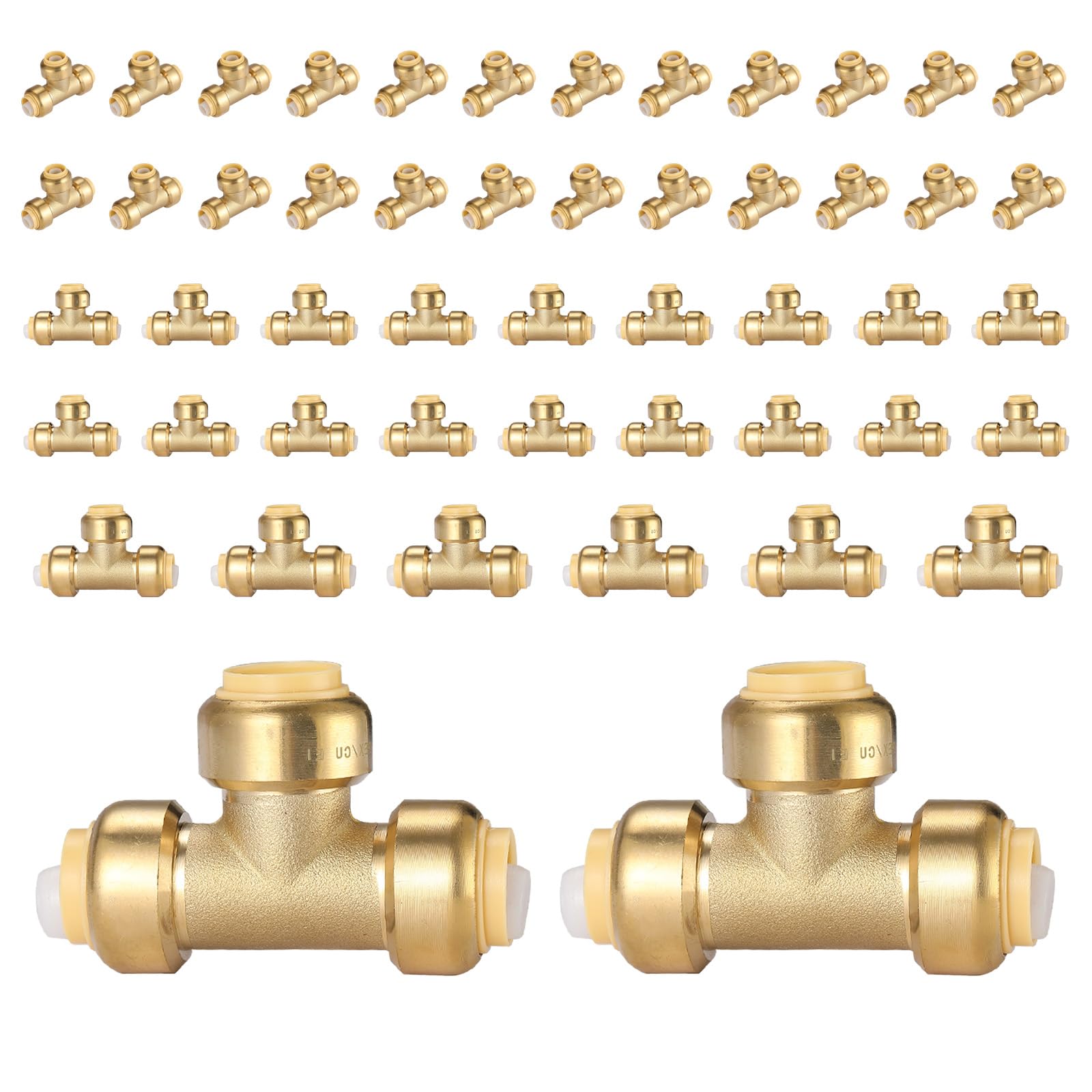 TLDONCXH 50 PCS Foskan 3/4" x3/4" X3/4" Push Fit Tee,LF-Brass Fittings, Push to Connect PEX, Copper, C, PE-RT Pipes, with Disconnect Clip for Plumbing Repairs