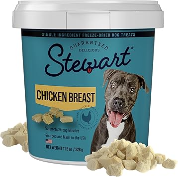 Stewart 100% Chicken Breast Dog Treats, 11.5 oz Tub, 215 Pieces, Freeze Dried Raw, Single Ingredient, 74% Protein Training Treats or Meal Topper, Grain Free, Gluten Free