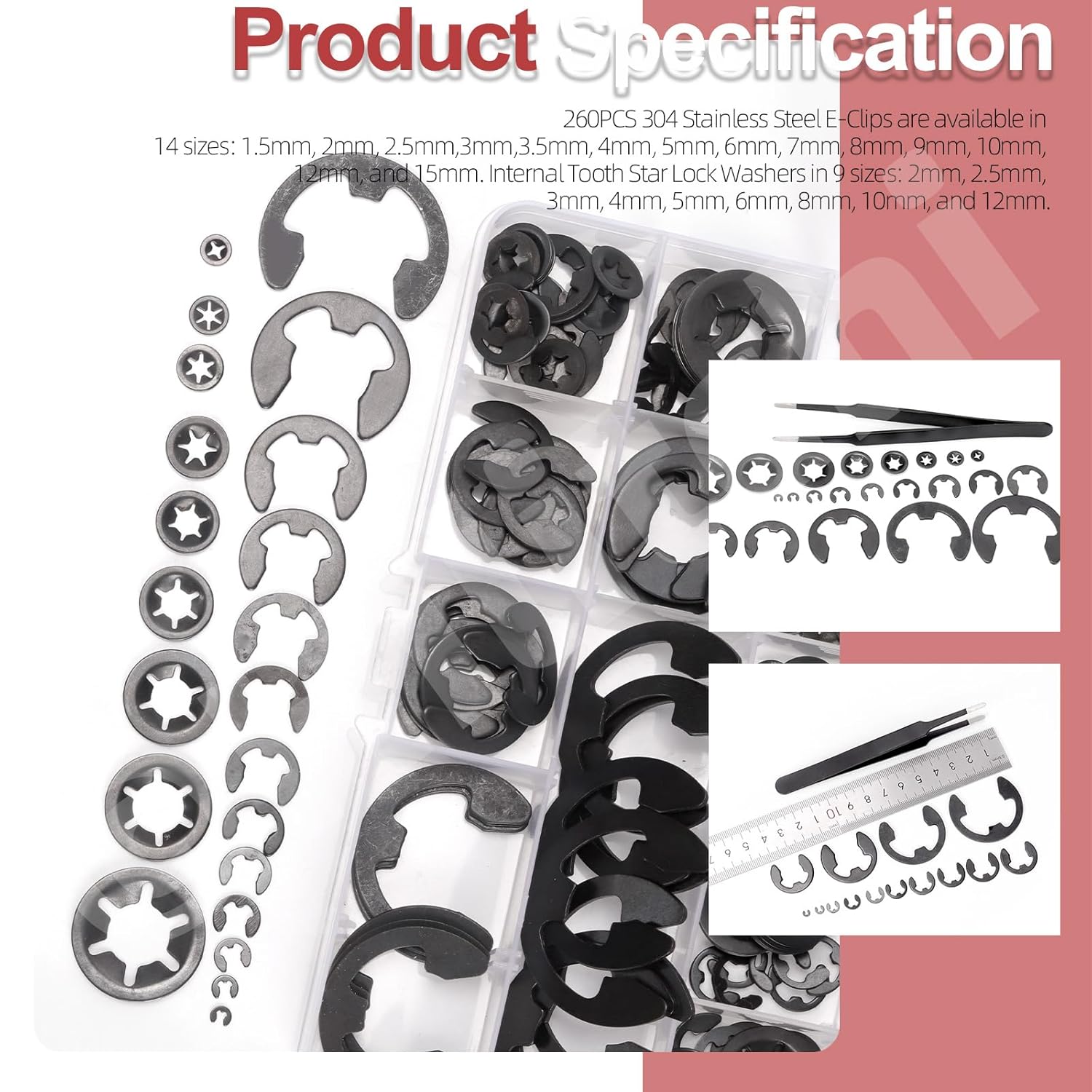 Hilitchi 261Pcs Steel Black Oxide Finish Push on Locking Washer External Retaining Ring Internal Tooth Star Lock Washers E Clip with Tweezer for Machine Shaft Electrical Automobiles