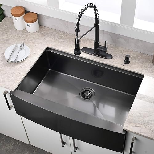 Miniatura 2 de VOKIM - Fregadero de cocina con estación de trabajo negra de 33 pulgadas - Delantal delantero curvado de 33 x 22 pulgadas para estación de trabajo