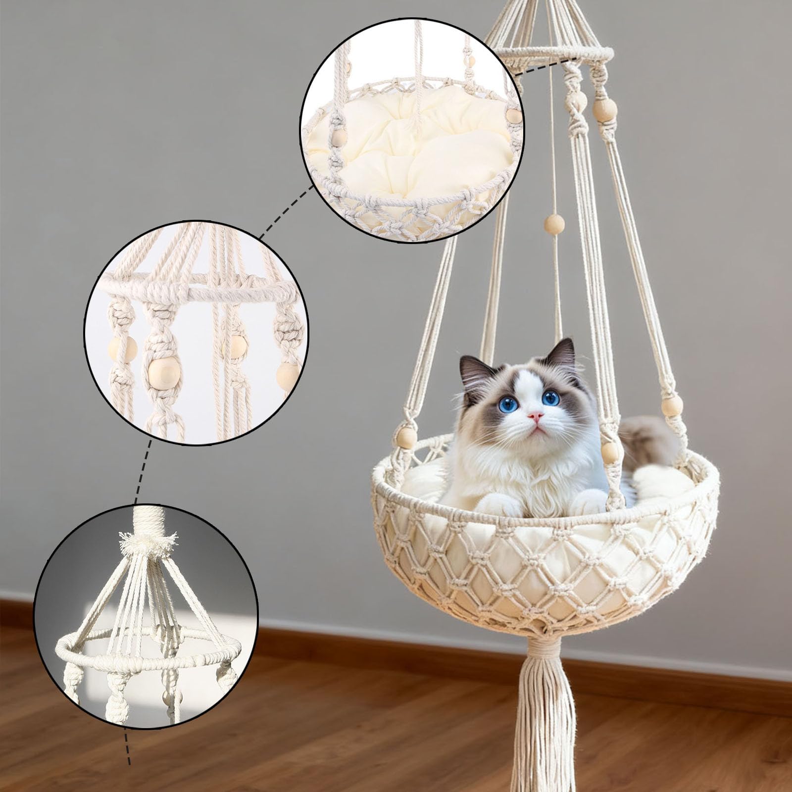 Katzen Hängeschaukel,Handgeknüpftes Katzenbett mit Kissen & Aufhängung, Handgewebtes Katzen-Hängemattenbett, für drinnen und draußen schlafende Kätzchen Klettern Spiele (Weiß (mit Wattepad))