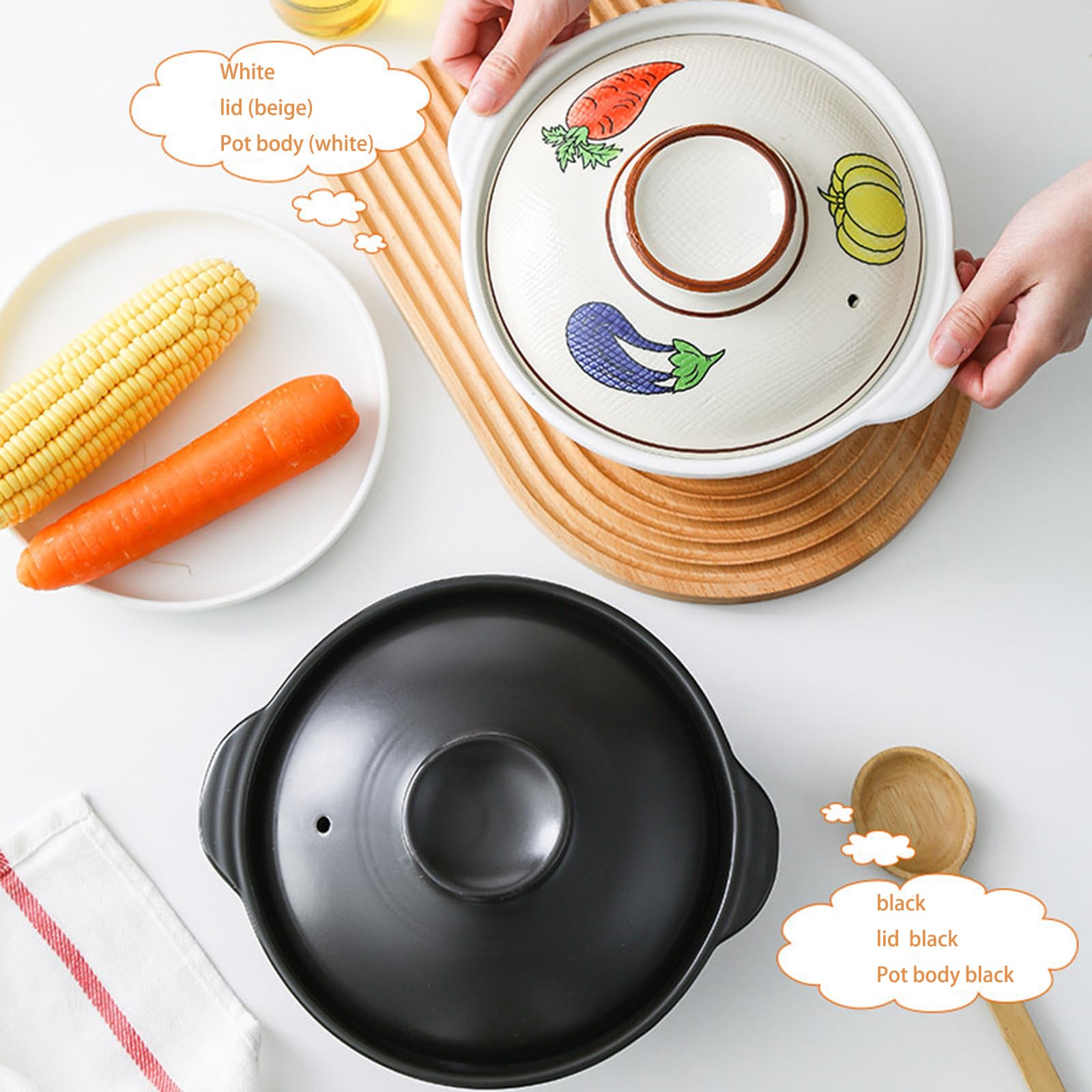 Garnek ceramiczny Gliniany garnek do gotowania Japoński ceramiczny gorący garnek Naczynia kuchenne Płyta kuchenna Garnek do zupy Zapiekanka Garnek do gotowania z pokrywką,Black,22cm