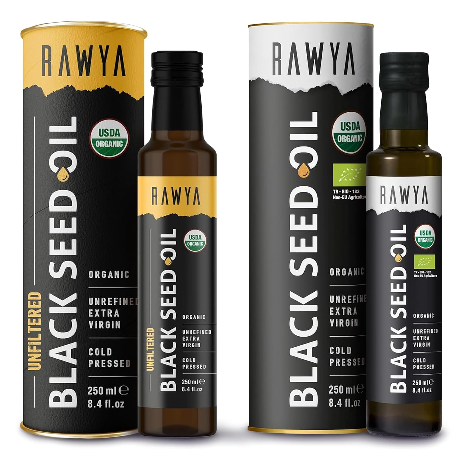 RAWYA Black Seed Oil | Extra Strong Taste, With TQ, Cold Pressed Nigella Sativa, Non-GMO, Glass Bottle + RAWYA Black Pit Oil - Unrefined, Premium, With TQ, Cold Pressed, Natural, 8.4 Fl Oz