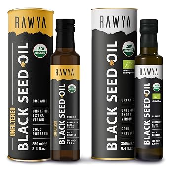 RAWYA Black Seed Oil | Extra Strong Taste, With TQ, Cold Pressed Nigella Sativa, Non-GMO, Glass Bottle + RAWYA Black Pit Oil - Unrefined, Premium, With TQ, Cold Pressed, Natural, 8.4 Fl Oz