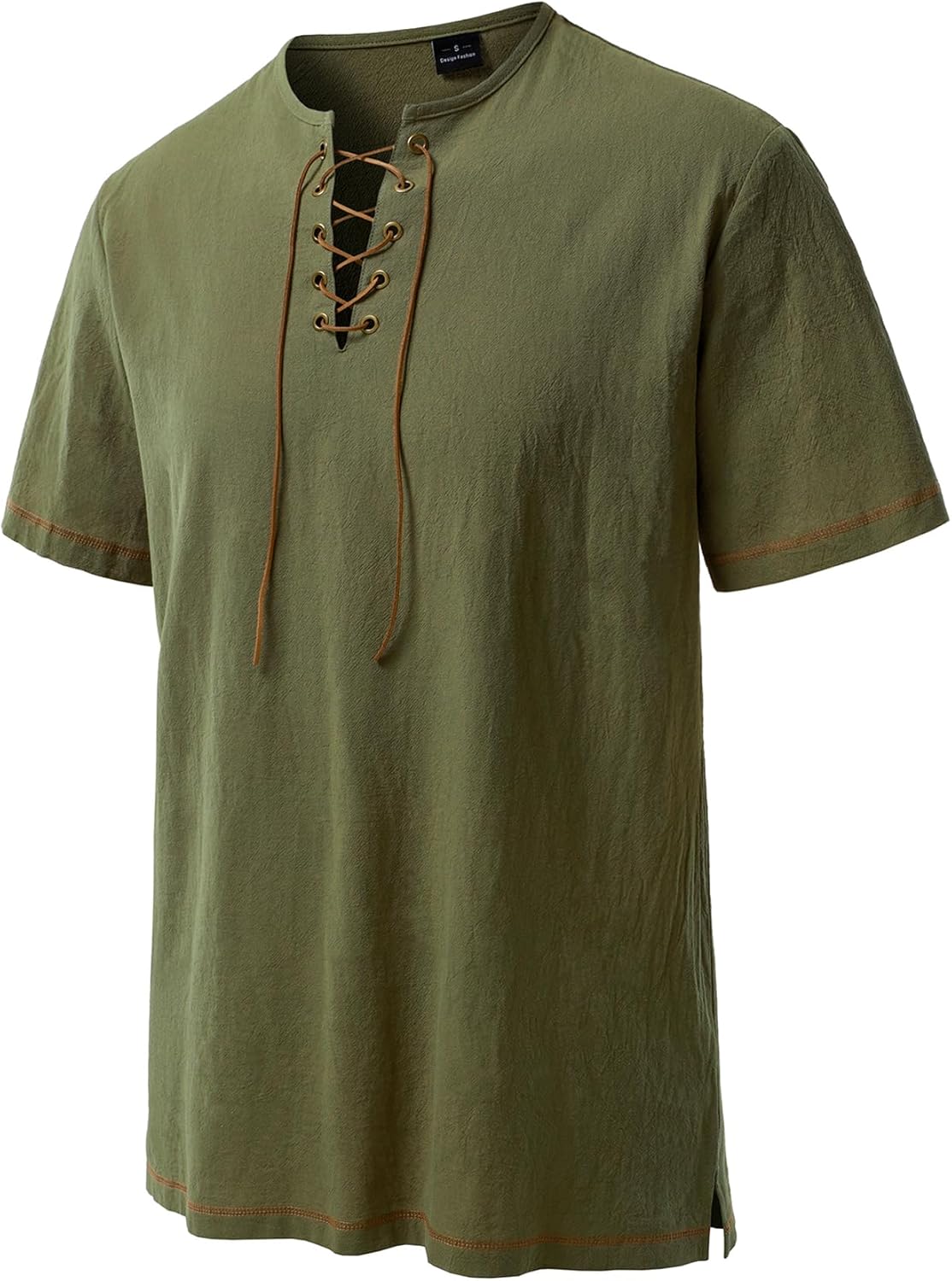 JEMITOP Men's Pure Cotton Retro Short Sleeves Lace Up Shirts for Casual Renaissance Pirate Medieval Viking Without Belt - Image 3