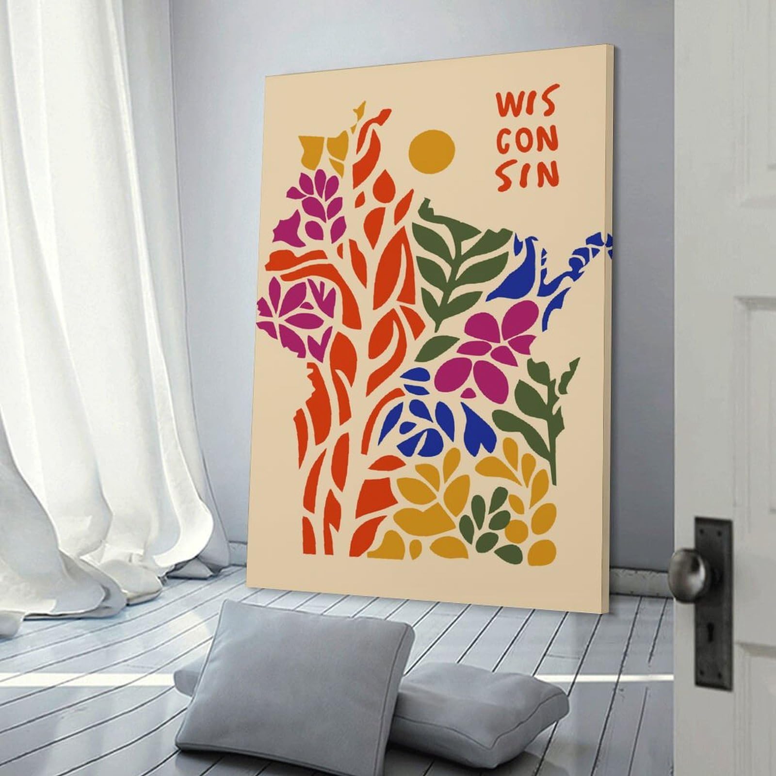 Junmoney Wisconsin Floral Map Art Print Canvas Art Print, 20x30inch(50x75cm), for Home Walls, Creative Rooms Or Shared Spaces, Decorative Artwork with Broad Appeal