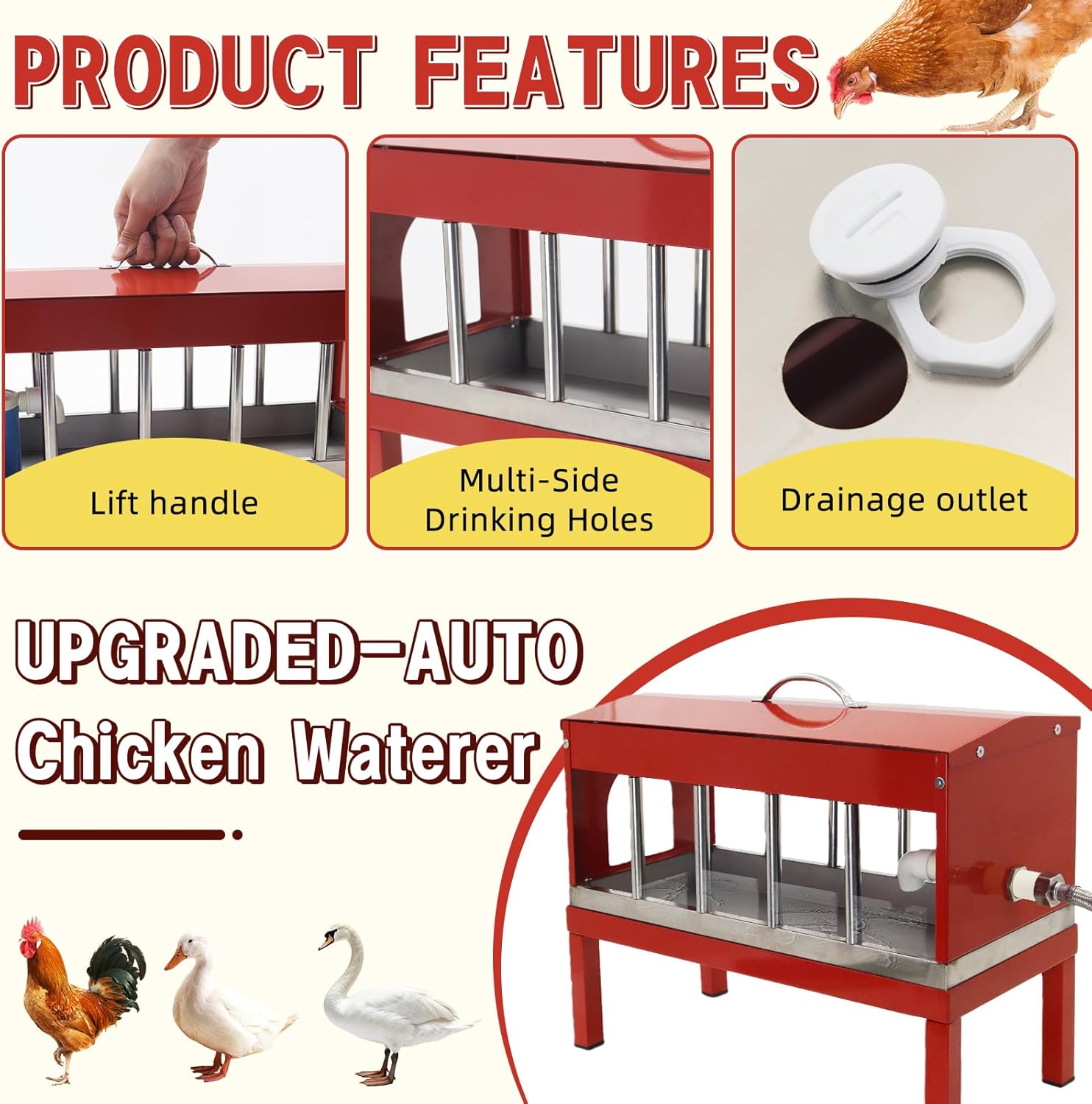 Automatic Chicken Waterer，Stainless Steel Large Chicken Drinker with Float Valve,Multi-Side Drinking Holes and Detachable Legs,Easy Clean Poultry Water Dispenser for Chicken Coop Duck Pigeon,Goose