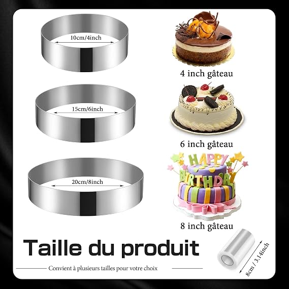 3 pcs Cooking Ring Set 10 +15 + 20cm, Round Pastry Frame Stainless Steel Silver with Cake Collar, Cake Circle Mold Cookie Cutter Frame Mold Fondant Jelly Mousse Pastry Accessory