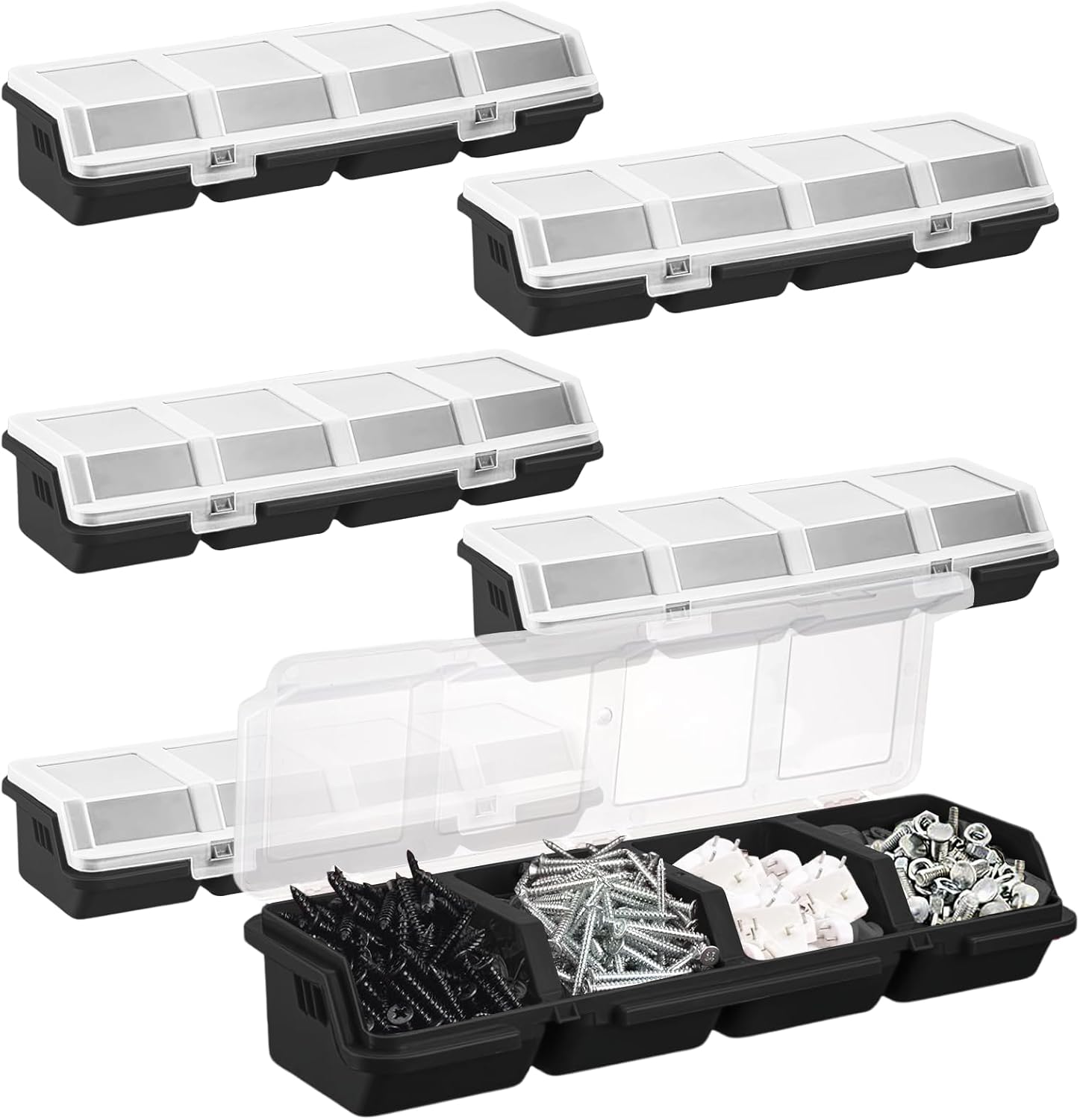 YEXEXINM 6Pcs Screw Organizers Storage Bins with Lids, Plastic Stackable Hardware Organizer Box for Garage Nails Craft Tool Organizing, Tool Cart Cabinet Workbench Drawers (Black)